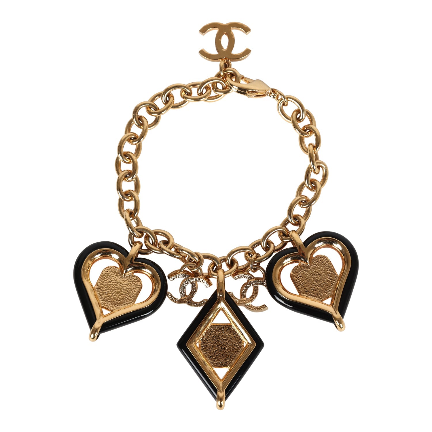 Chanel Hearts Charm Bracelet - Black & Pink Enamel with Gold Tone Gripoix Hardware | Elegant Fashion Jewelry for Women, Perfect for Date Night & Special Occasions