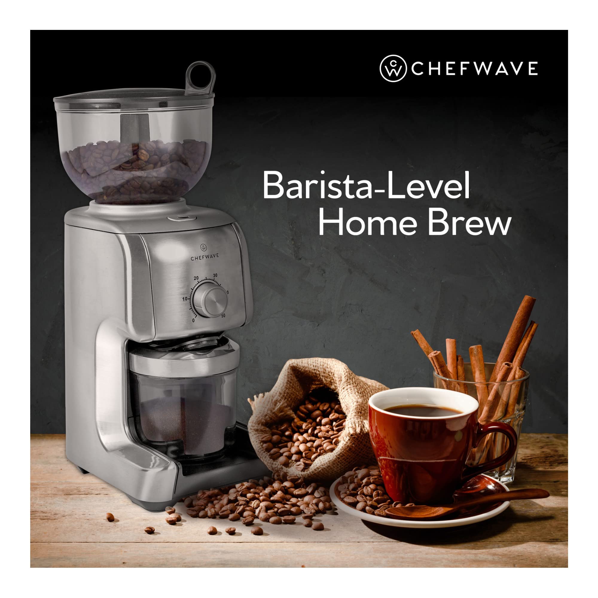 Premium Electric Coffee Grinder - ChefWave Conical Burr Grinder with 16 Adjustable Settings, Die-Cast Aluminum Body - Includes Scoop & Cleaning Brush - Perfect for French Press, Espresso & Drip Coffee - Brews 2-10 Cups - Ideal for Home Kitchens & Coffee Shops