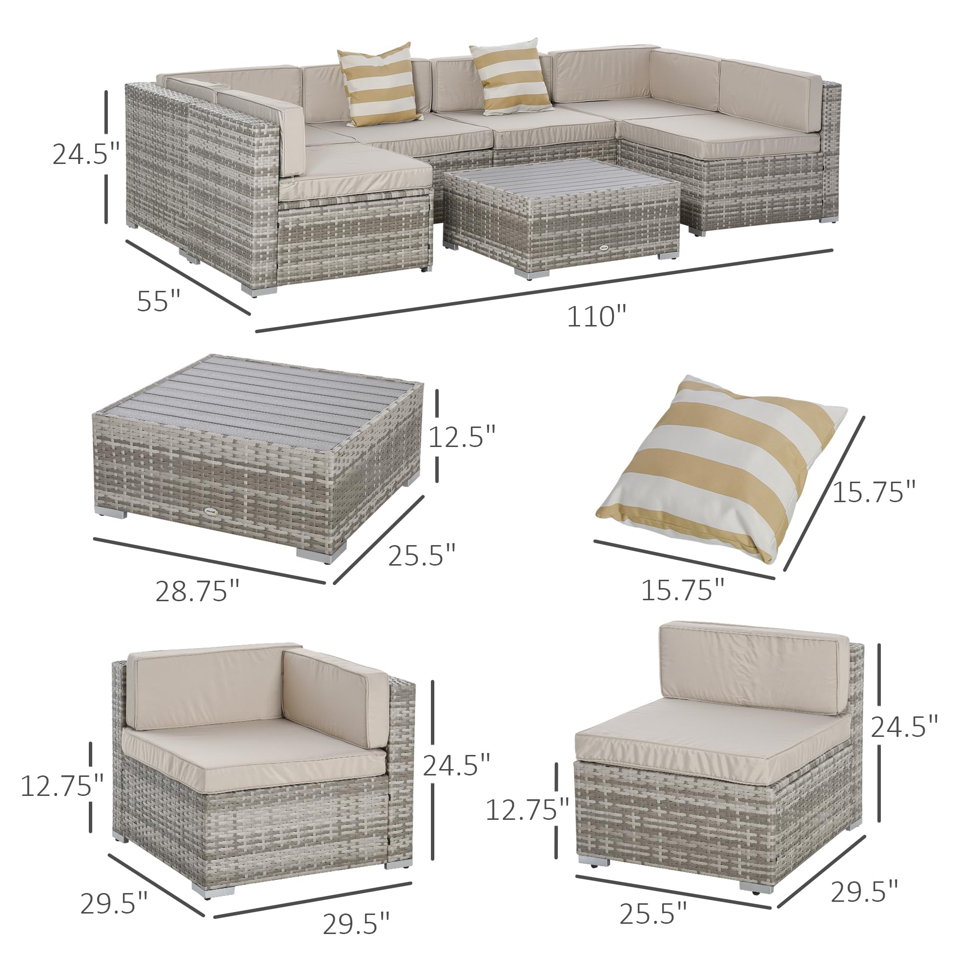 Outsunny 7-Piece All-Weather PE Rattan Patio Furniture Set, Outdoor Wicker Sectional Sofa with Cushions & Faux Wood Coffee Table - Beige Stripe Pillows - Perfect for Garden, Backyard, Poolside & Patio Relaxation