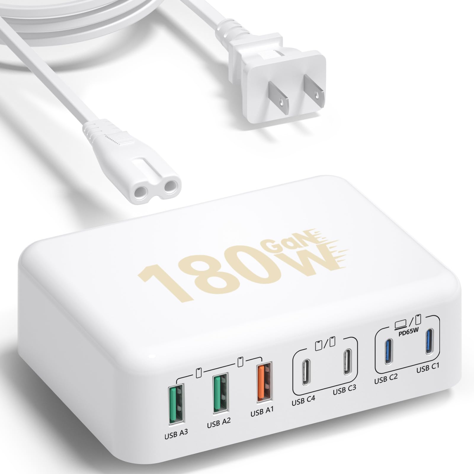 180W GaN USB C Charging Station - 7-Port Fast Charger Hub with 65W PD for MacBook Air/Pro, iPad, iPhone 15/14/13/12/11, Galaxy S23/S22, Pixel 8/7 - Compact Desktop Charging Solution for Home, Office & Travel (White)