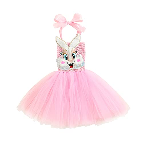 Votuleazi Girls Easter Bunny Print Halter Dress - Pink Mesh Tutu Sleeveless Back Tie-Up Dress for Toddlers & Kids | Perfect for Easter Party, Spring Outfits & Special Occasions