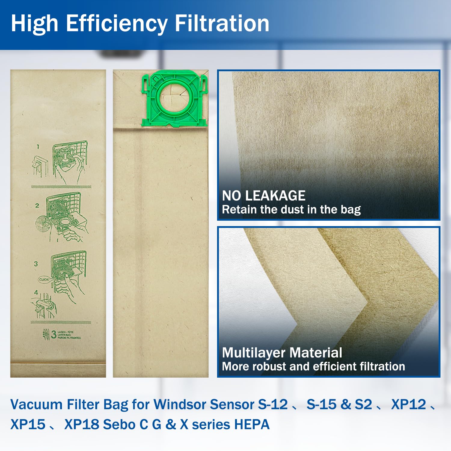 HASMX 10-Pack Replacement Vacuum Bags for Windsor Sensor S12 Vacuum Cleaner - Compatible with Part Numbers 5300, 5300REP, 86000500 - Perfect for Home Cleaning, Pet Hair Removal & Allergen Control