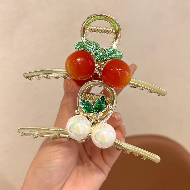 GLITZ & GLAMOUR Large Hair Claw Clips for Women - 3 Pack Cute Cherry Jaw Clips, Barrettes & Shark Hair Clips for Girls - Perfect for Ponytails, Buns & Half-Up Styles (Fashion Hair Accessories)