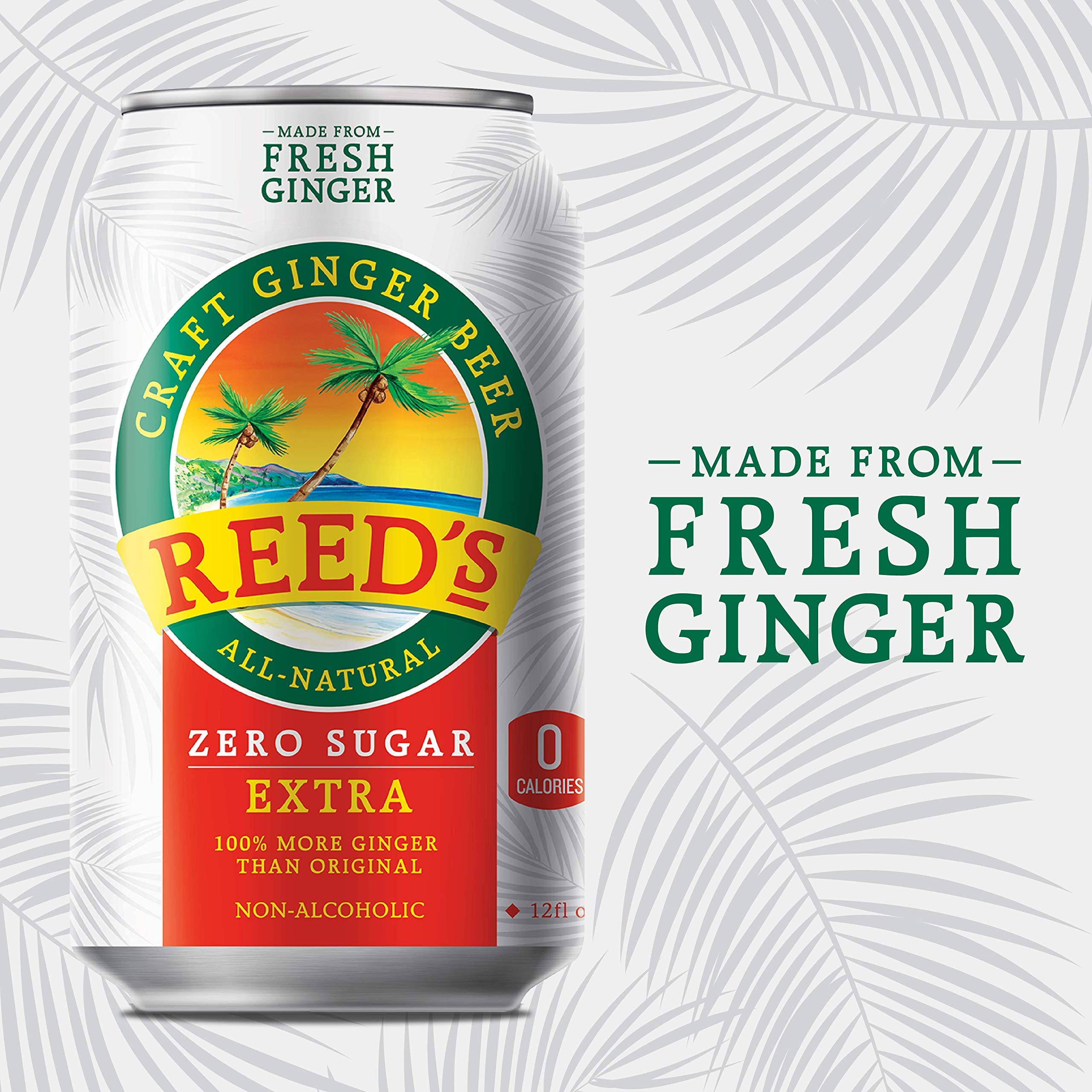 Reed's Zero Sugar Extra Ginger Beer - 24 Pack of 12oz Cans | All-Natural Craft Ginger Soda with Fresh Ginger Root | Perfect for Mocktails, Cocktails & Healthy Refreshment