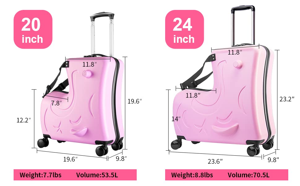 Kids Ride-On Suitcase with Wheels - 20 Inch Pink OW Duffel Bag for Travel & Carry-On Luggage (Ages 1-6) | Perfect for Airplane Trips, Road Trips & Preschool Adventures