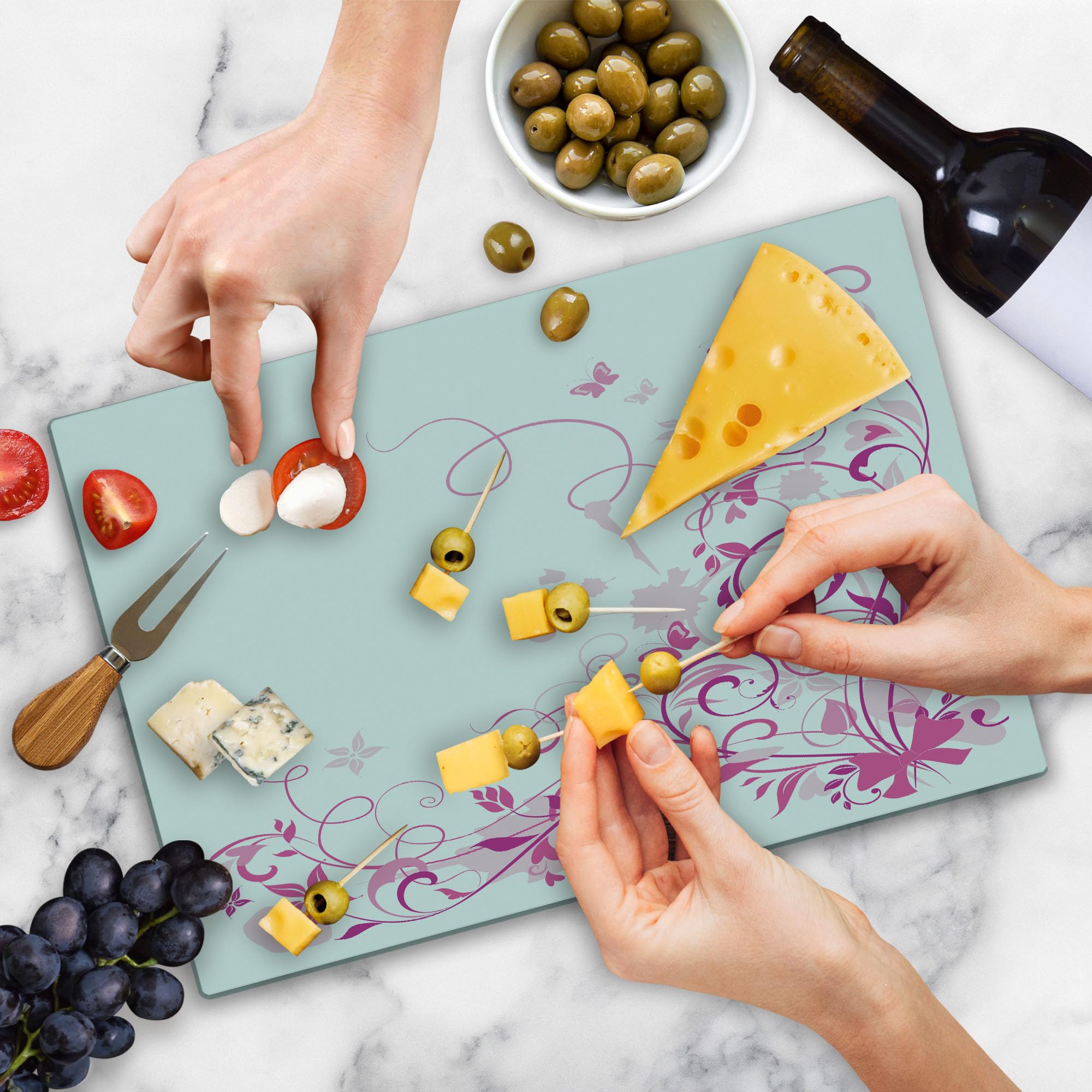 Ambesonne Rose Tempered Glass Cutting Board - Large Decorative Serving Tray with Swirling Leaves, Blossoms & Butterflies Design in Rose Pink & Magenta | Perfect for Cheese Platters, Charcuterie Display & Kitchen Decor