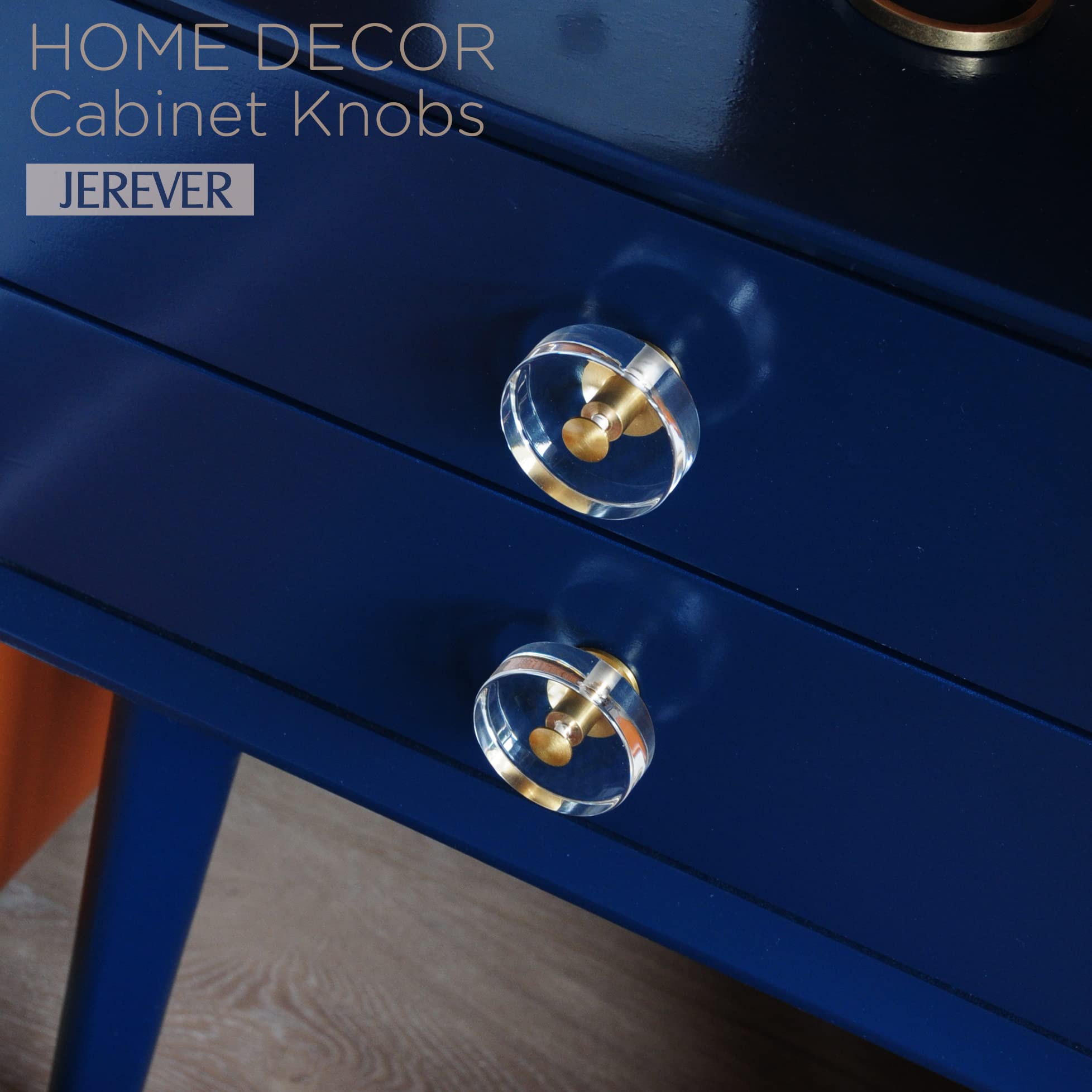 JEREVER 2 Pack Crystal Brass Drawer Pulls - Clear Acrylic Knobs for Wardrobe Dresser Kitchen Cabinets