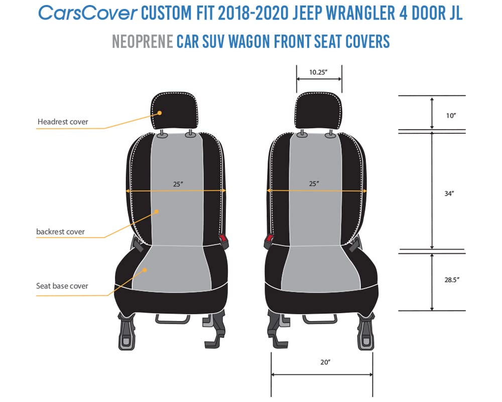 Custom Fit 2018-2020 Jeep Wrangler JL 4-Door Neoprene Seat Covers - Front Row Gray & Black Waterproof SUV Seat Protectors | Perfect for Off-Roading, Daily Commuting & Adventure Travel