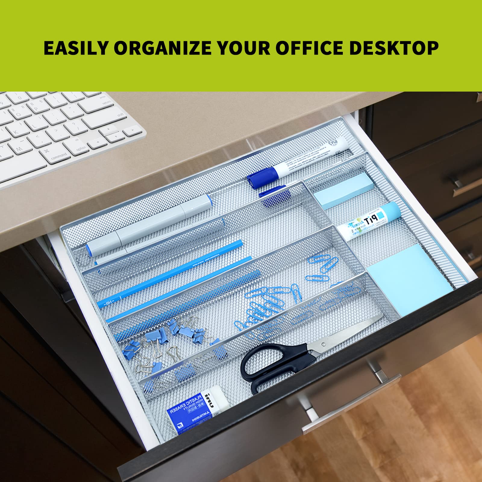 Silverware Drawer Organizer - 5 Compartment Cutlery Tray with Non-Slip Foam Feet, Mesh Wire Flatware Storage Divider for Kitchen, Bedroom & Living Room (Silver) | Perfect for Organizing Utensils, Spoons, Forks and Knives in Any Home Space