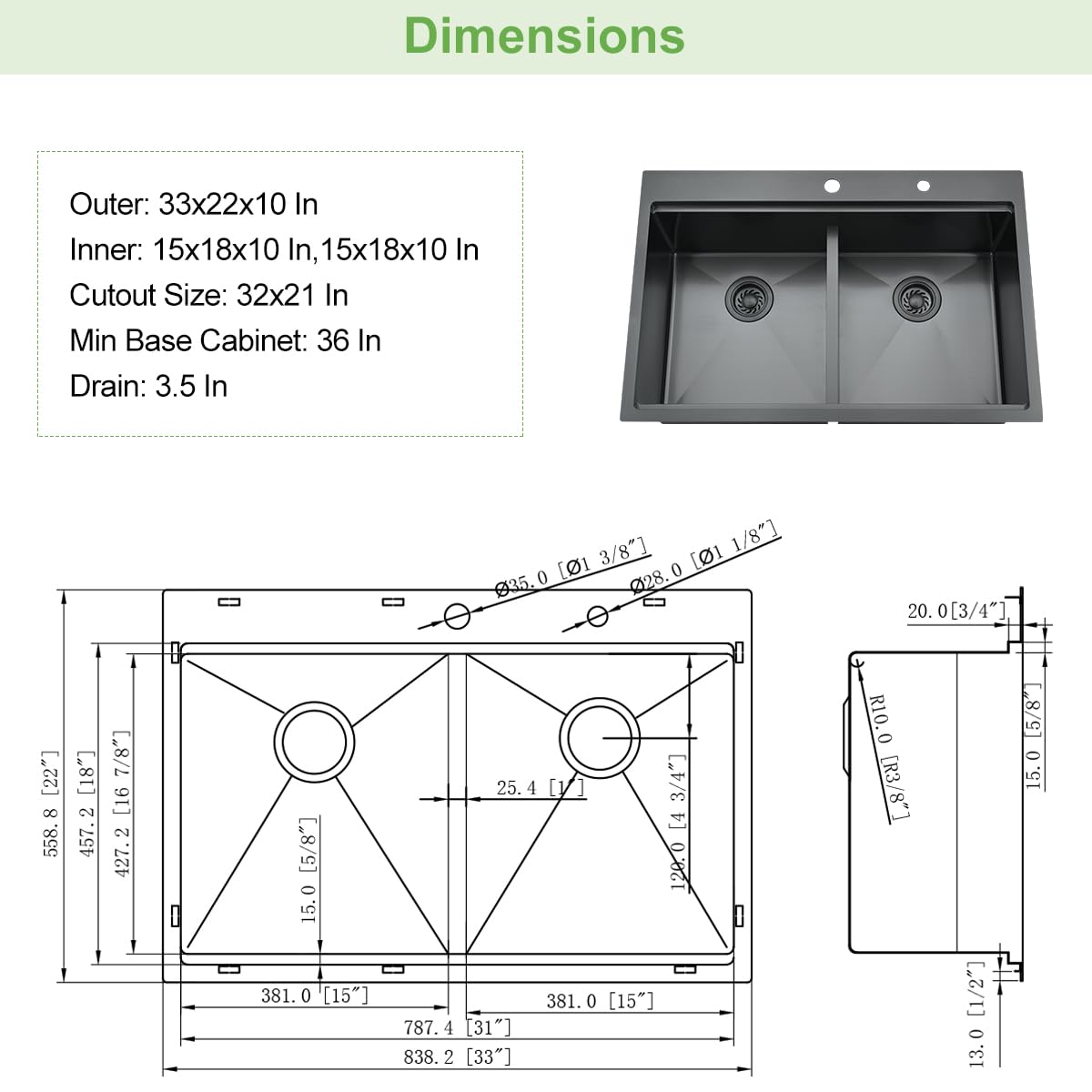 33 Inch Drop In Double Bowl Kitchen Sink - Xiiwin 33×22 Inch Top Mount 16 Gauge Gunmetal Black Stainless Steel Workstation Sink with Accessories - Perfect for Modern Kitchens, Food Prep, and Dishwashing