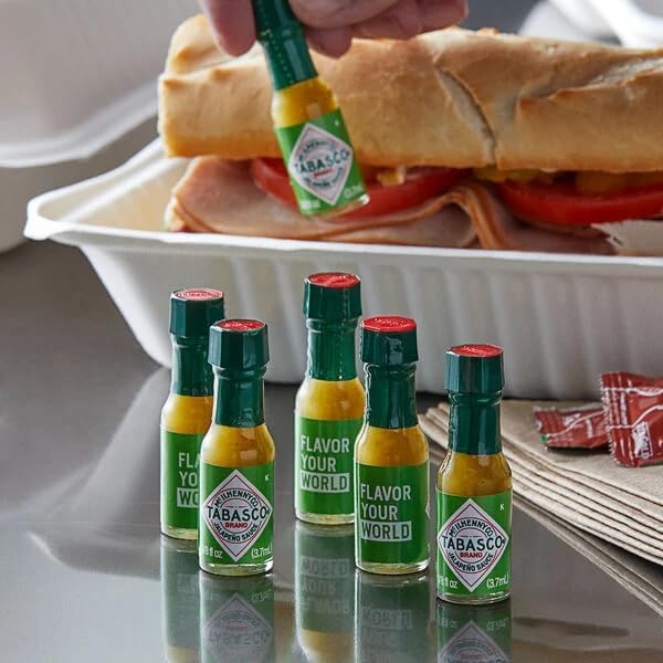 TABASCO Green Jalapeno Pepper Sauce - Mild Hot Sauce in Mini Glass Bottles (1/8 Oz, Pack of 144) | Crisp & Zesty Flavor for Mexican Food, Tacos, Nachos, Eggs & More | Perfect for Restaurants, Catering & Home Use