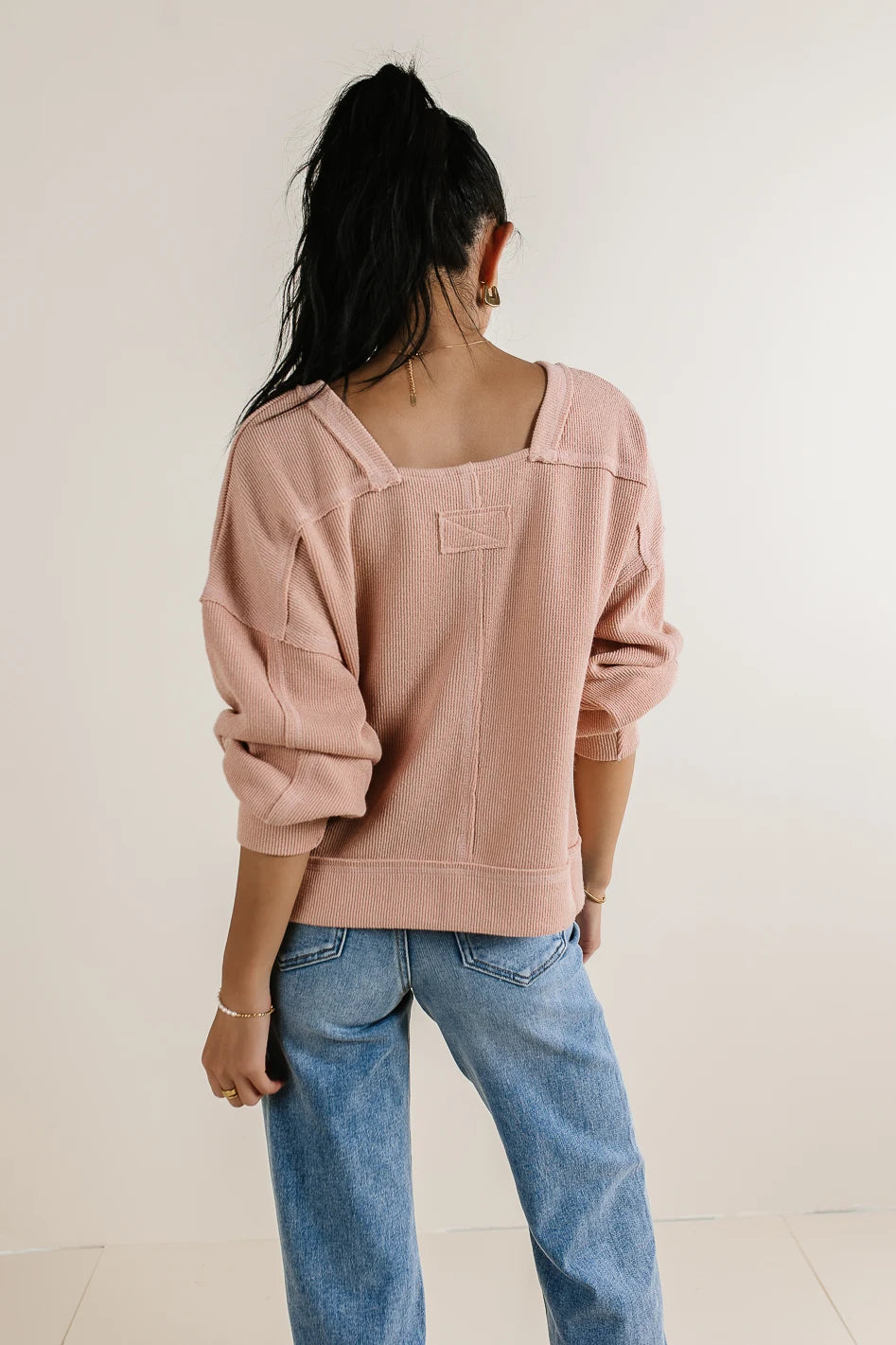 Mia Waffle Knit Top Women's Casual Long Sleeve Blush Pink Sweater | Soft Breathable Waffle Texture | Perfect for Fall Winter Layering & Coffee Dates