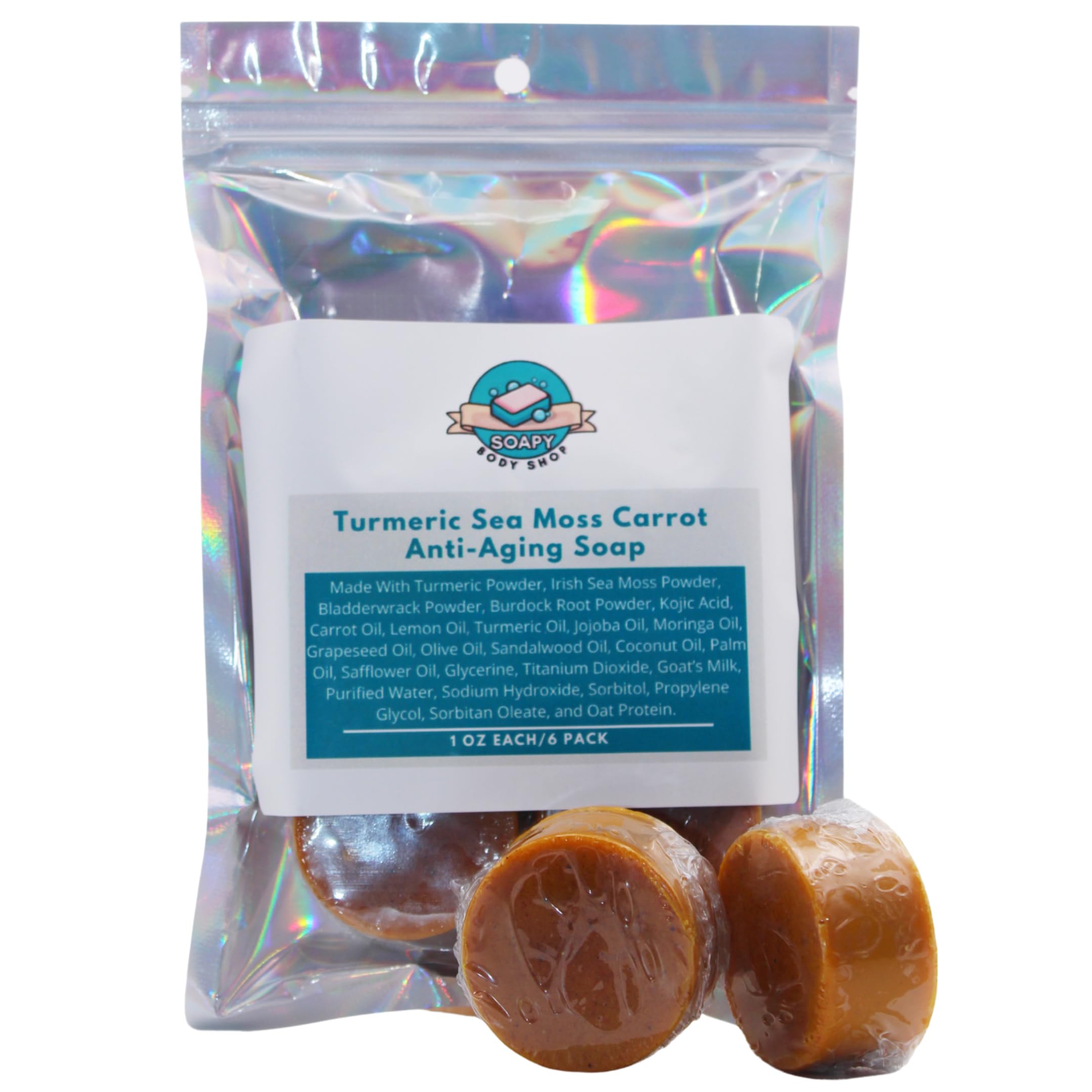 Turmeric Sea Moss & Carrot Soap Bar 6-Pack (1oz Each) - Kojic Acid Soap for Dark Spots, Brightening & Anti-Aging with Bladderwrack & Burdock Root - Irish Sea Moss Brightening Soap for Face & Body - Perfect for Daily Skincare Routine & Hyperpigmentation Treatment