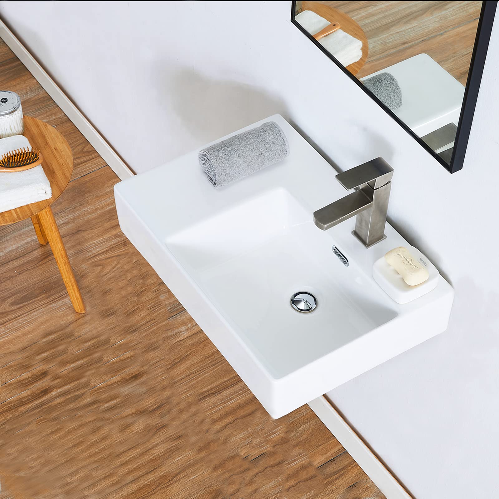 IKEBANA 24x17 Inch Wall Mounted Bathroom Sink - Modern Ceramic Floating or Countertop Vessel Lavatory Sink for Powder Room, Guest Bath & Small Spaces | Right Side Drain | White Rectangular Design
