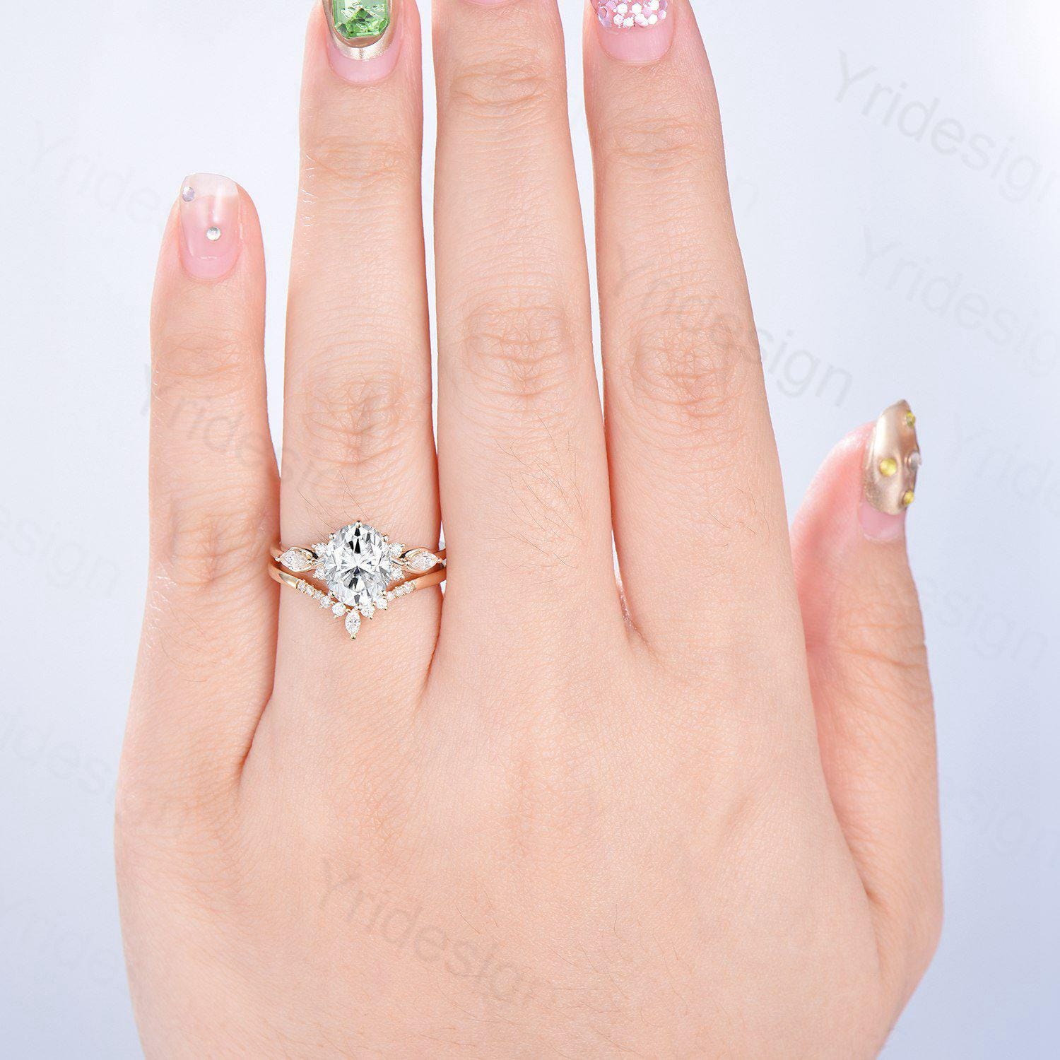 2 Carat Oval Cut Moissanite Engagement Ring Set in 14K Solid Yellow Gold, VS D Flawless Vintage Seven Stone Bridal Ring for Women - Perfect for Proposals, Weddings & Anniversary Gifts