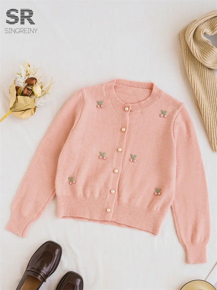 Cherry Beading Design Sweater for Women - Elegant Knit Pullover with Floral Embroidery - Perfect for Casual Outings, Office Wear & Date Nights