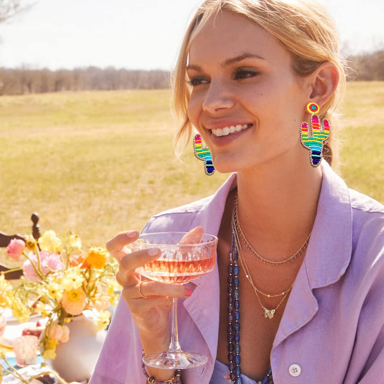 Boho Beaded Cactus Drop Earrings for Women - Rhinestone Rainbow Dangle Earrings, Handmade Jewelry for Girls | Perfect for Festivals, Parties & Boho Fashion