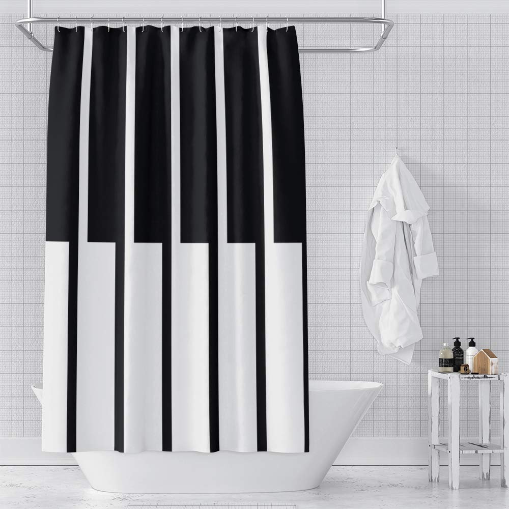 Modern Piano Keys Shower Curtain - Waterproof Black & White Keyboard Design Bathroom Decor with Hooks - 70x72 Inch Polyester Fabric for Hotel & Home Use - Perfect for Themed Bathrooms, Music Lovers, and Unique Gift Ideas