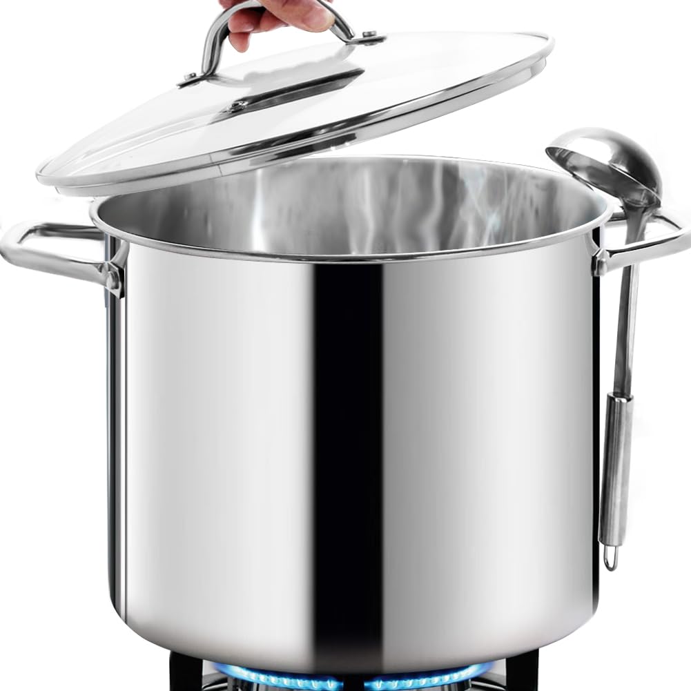 HOMICHEF 20 Quart Commercial Grade Stainless Steel Stock Pot with Lid - Nickel-Free Heavy Duty Induction Soup Cookware for Restaurants, Catering & Home Kitchens - Perfect for Soups, Stews, Pasta & Large Batch Cooking