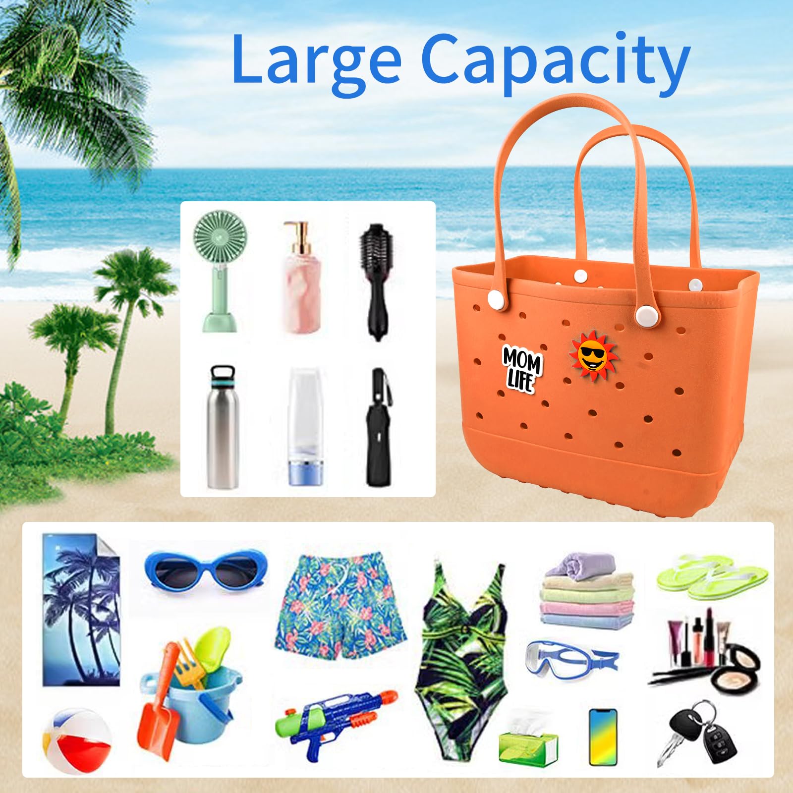 Waterproof Washable Durable Rubber Beach Tote Bag with Zipper Pocket & Phone Pouch - Large Open Purses for Pool, Boat, Beach & Travel (White X-Large/Orange Large) - Perfect for Summer Vacations, Swimming & Outdoor Activities