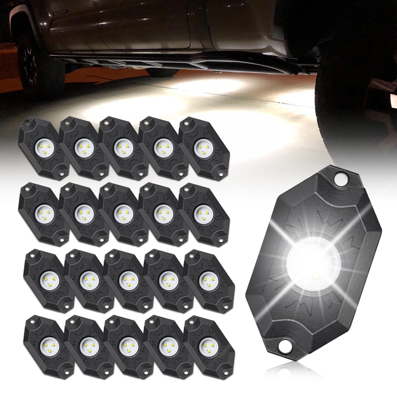 OPP ULITE 20PCS High Power LED Rock Lights - Pure White Waterproof Shockproof Underbody Wheel Lights for Trucks, RZR, Off-Road, Boat, ATV, UTV, SUV | Perfect for Night Off-Roading, Car Shows & Vehicle Customization