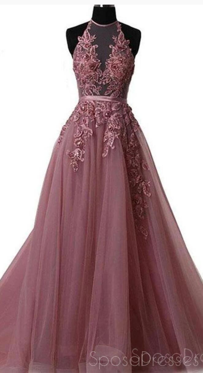 Elegant Halter Dusty Red See-Through A-Line Lace Long Evening Prom Dress - Custom Made Formal Gown for Women | Perfect for Prom Night, Homecoming, Wedding Guest & Special Occasions