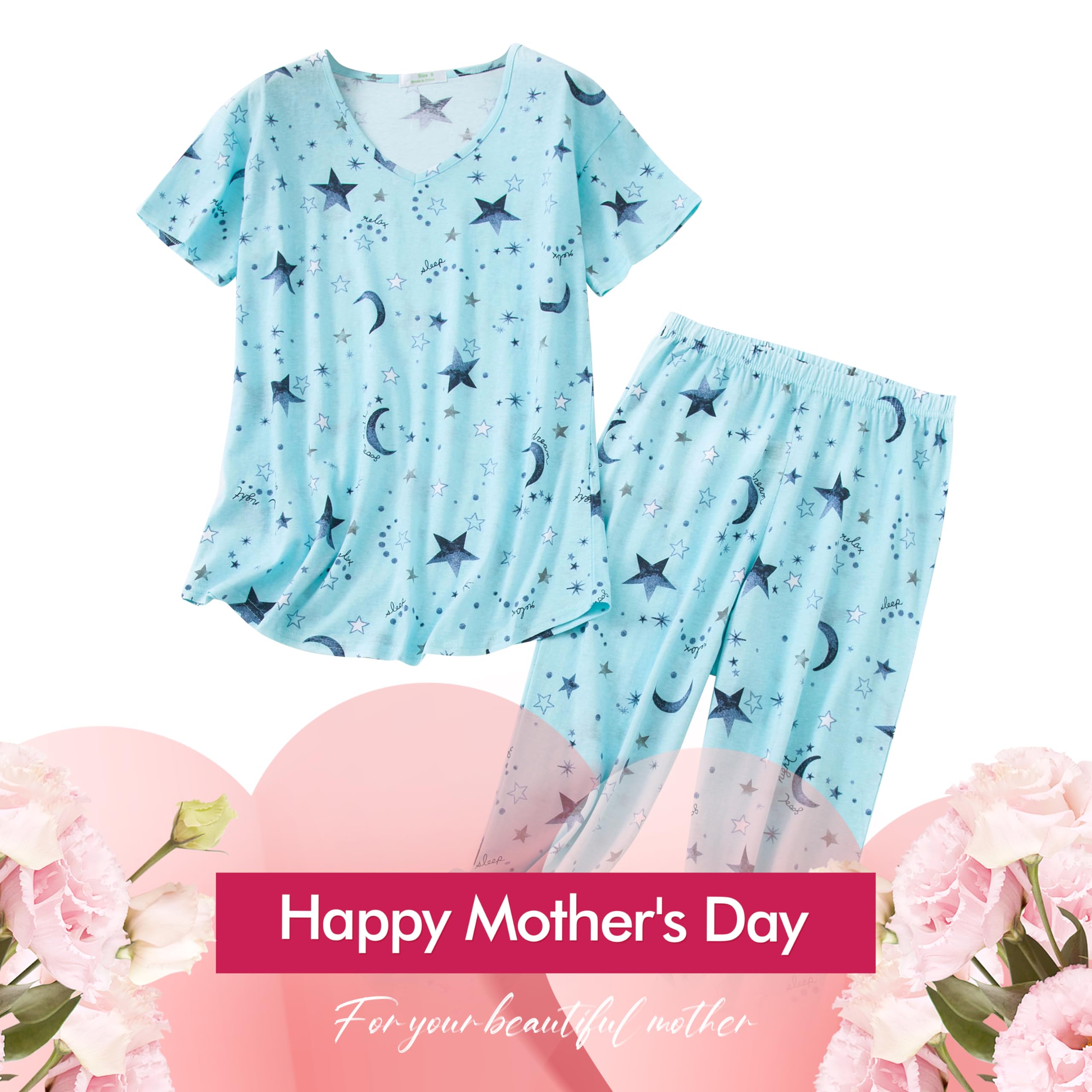 Inadays Women's Cotton Pajama Sets - Short Sleeve Top & Capri Pants 2-Piece Lounge Set | Soft Summer Sleepwear for Women | Perfect for Nighttime Comfort, Lounging & Vacation Wear