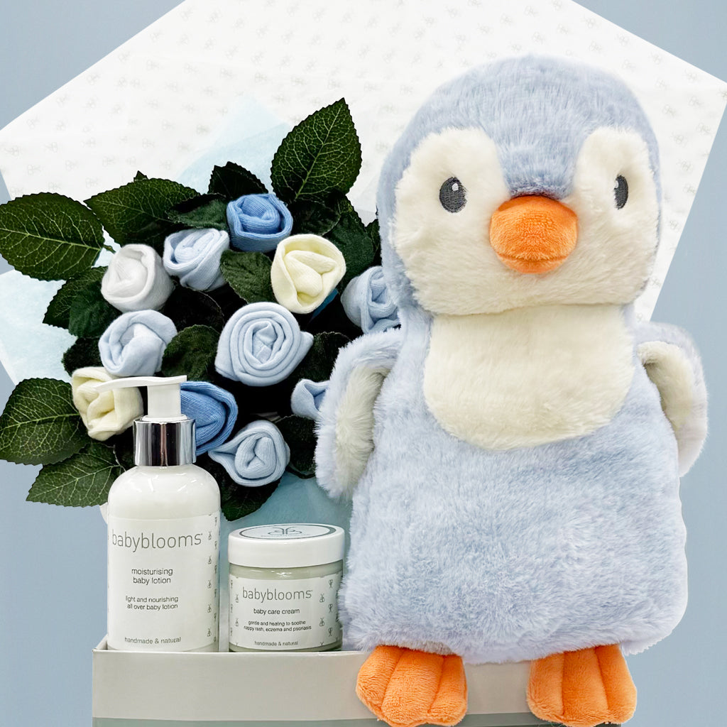 Penny Penguin Welcome Baby Hamper Gift Set - Blue Newborn Essentials Basket for Baby Shower, Hospital Delivery, and Gender Reveal Parties