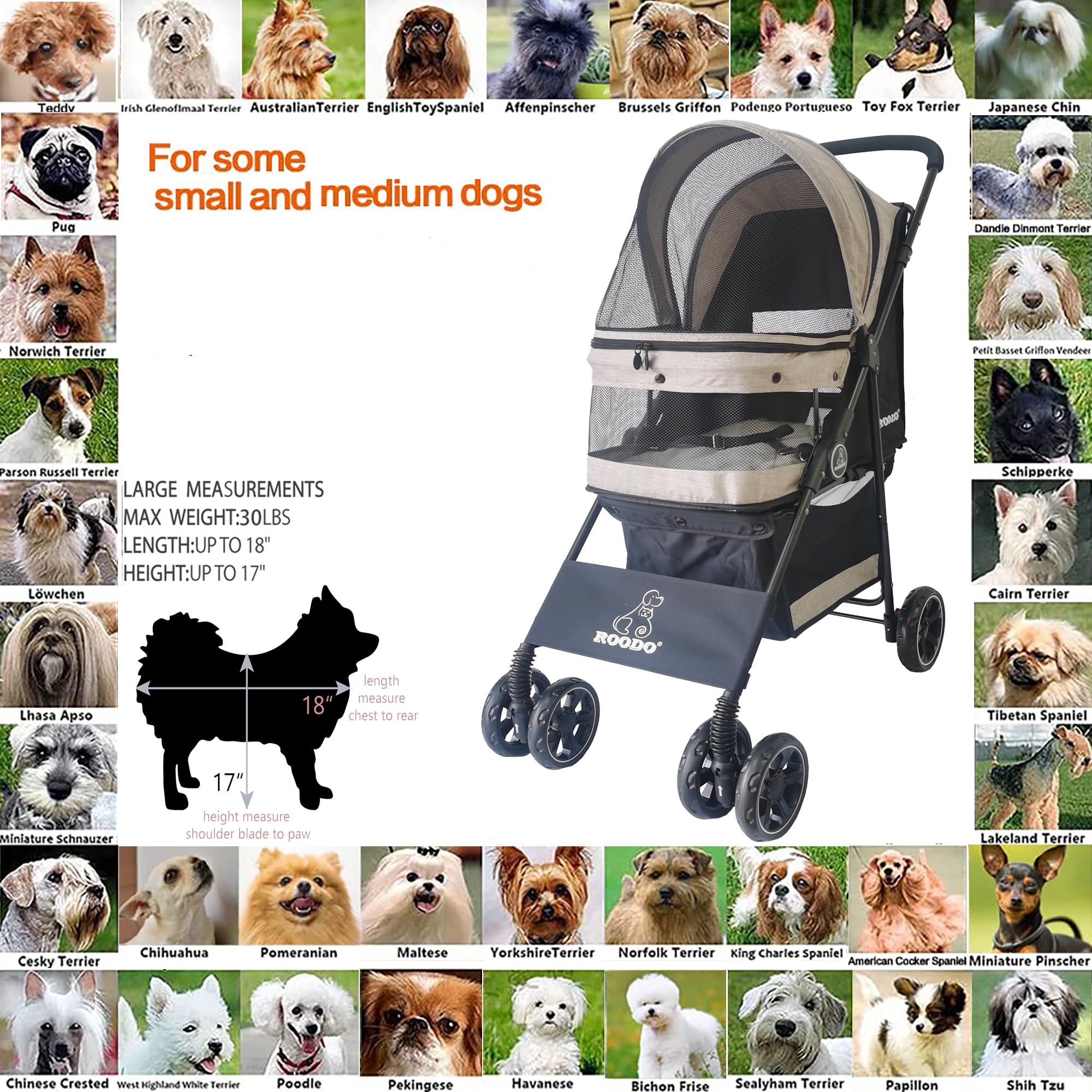 ROODO 4 Wheel All-Terrain Pet Stroller - Lightweight Foldable Compact Travel Jogger for Small/Medium Dogs & Cats up to 30lbs (Light Khaki) | Perfect for Outdoor Walks, Shopping Trips & Vet Visits