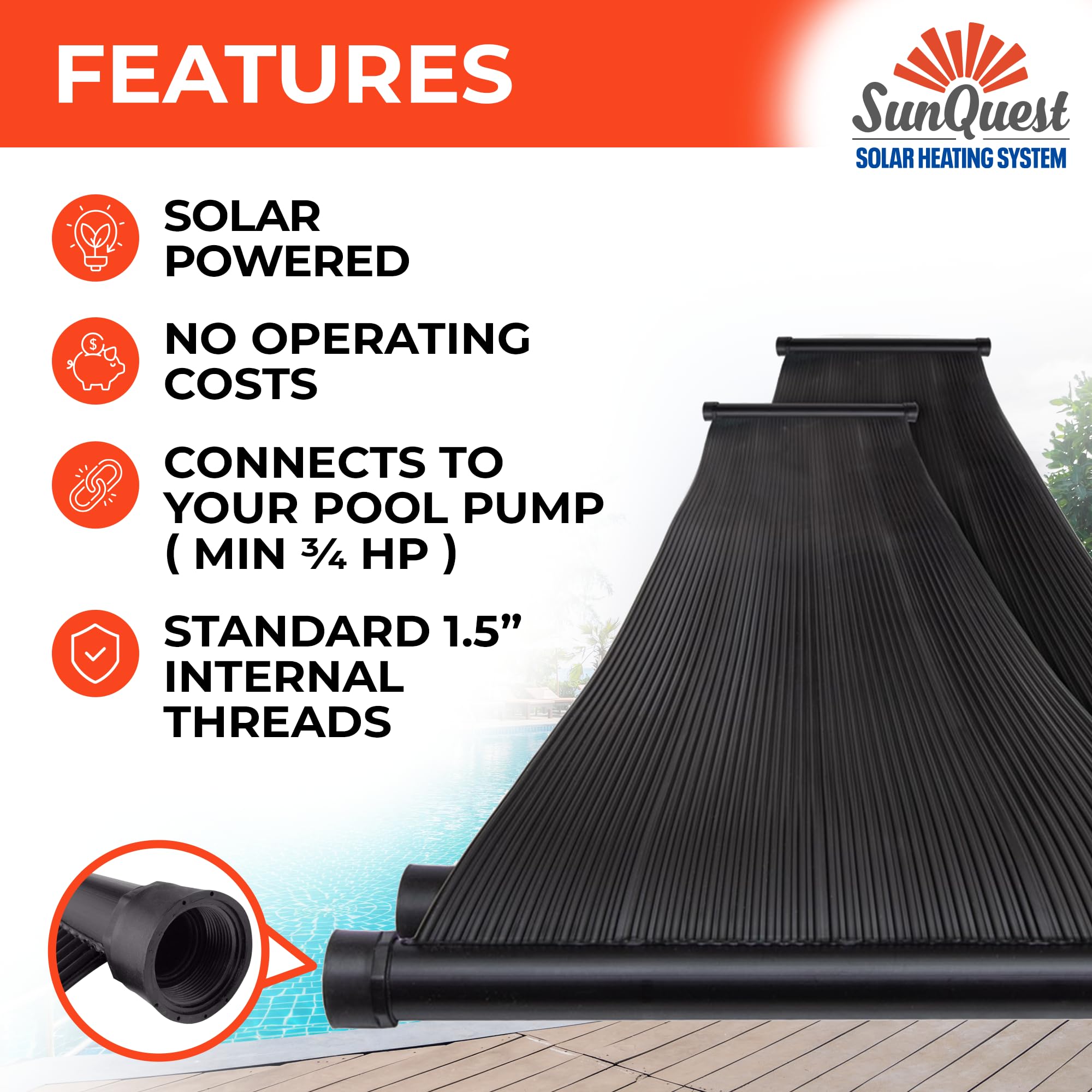 SunQuest Solar Pool Heater Panels - 2 (2ft x 20ft) Solar Water Collectors with Installation Kit for Above Ground & Inground Pools | DIY-Friendly Polypropylene UV-Resistant Panels | Perfect for Extending Swimming Season & Energy-Efficient Pool Heating