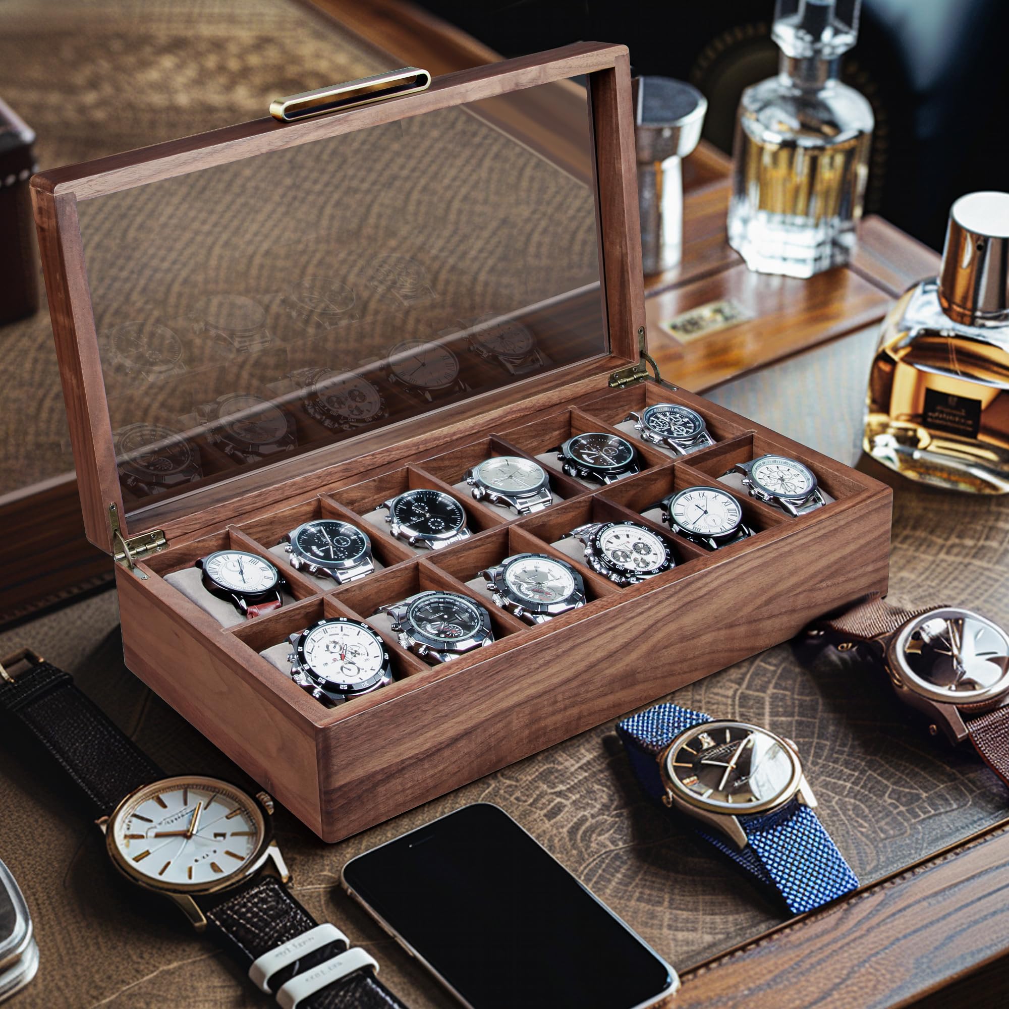 Premium Black Walnut Wood Watch Case for Men - 12-Slot Luxury Watch Box with Glass Lid & Soft Watch Pillows | Elegant Watch Holder, Display Case & Storage Organizer | Perfect for Watch Collectors, Gifts & Home Décor