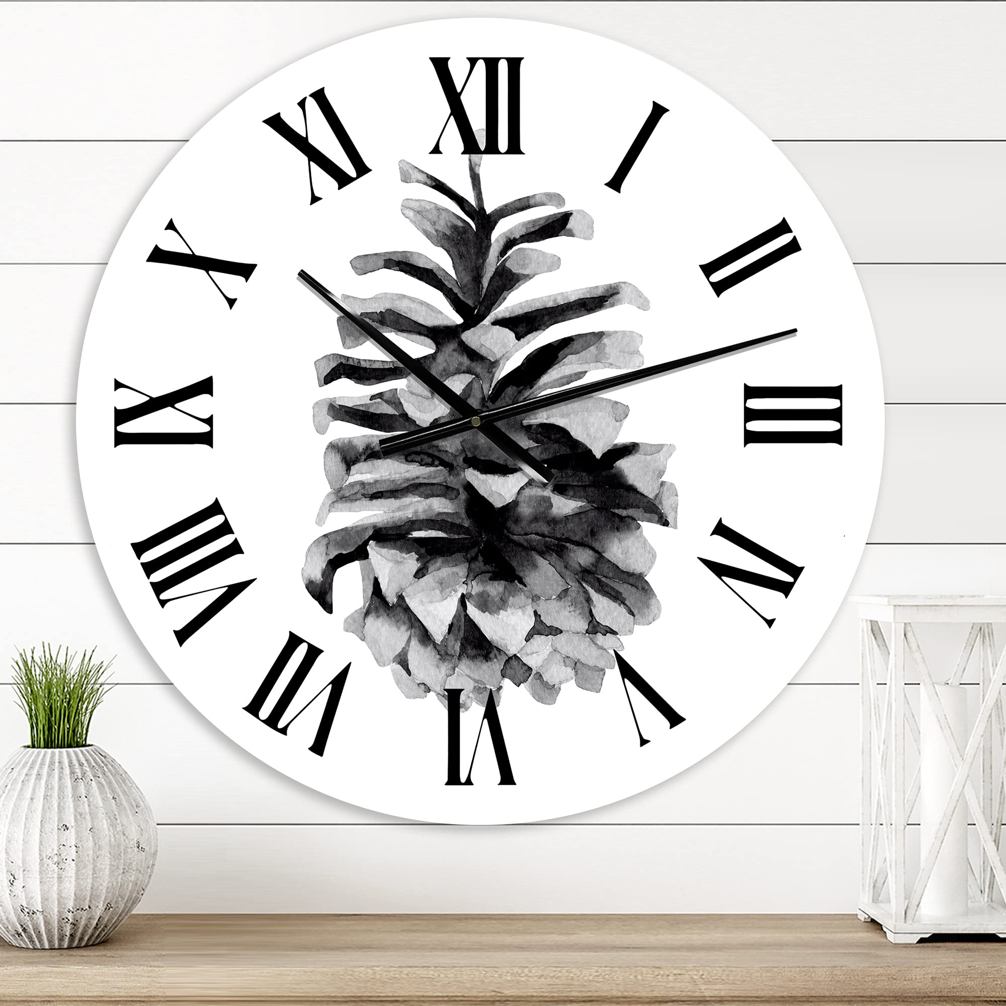 DesignQ Traditional Wall Clock 'Conifer Cone Monochrome' - Large Floral Botanical Wall Clock for Bedroom, Living Room & Office Decor | Silent Non-Ticking, Perfect for Home & Workspace