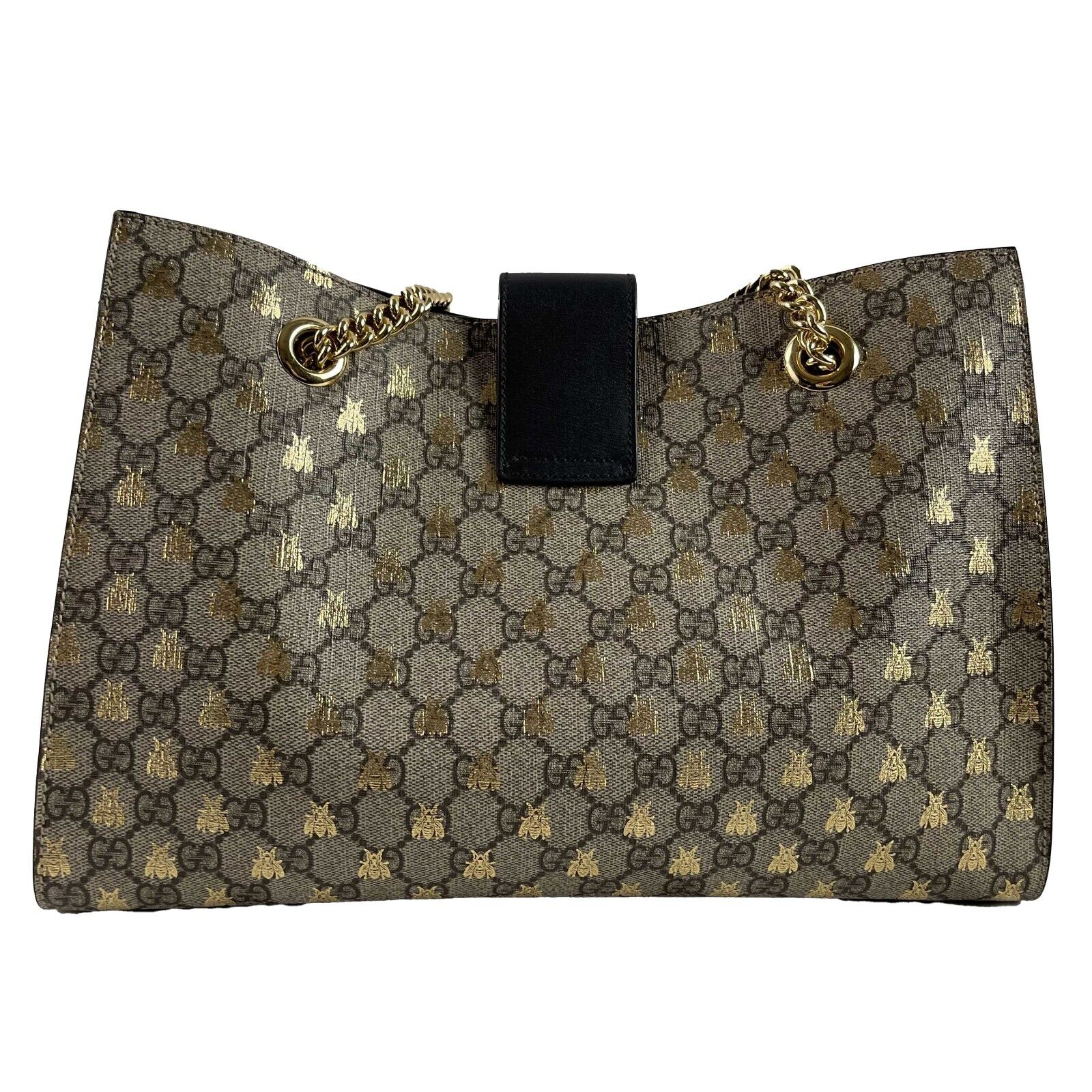 Gucci GG Supreme Monogram Bees Padlock Chain Tote Bag - Medium Brown Leather Handbag for Women | Luxury Designer Shoulder Bag for Work, Travel & Everyday Use