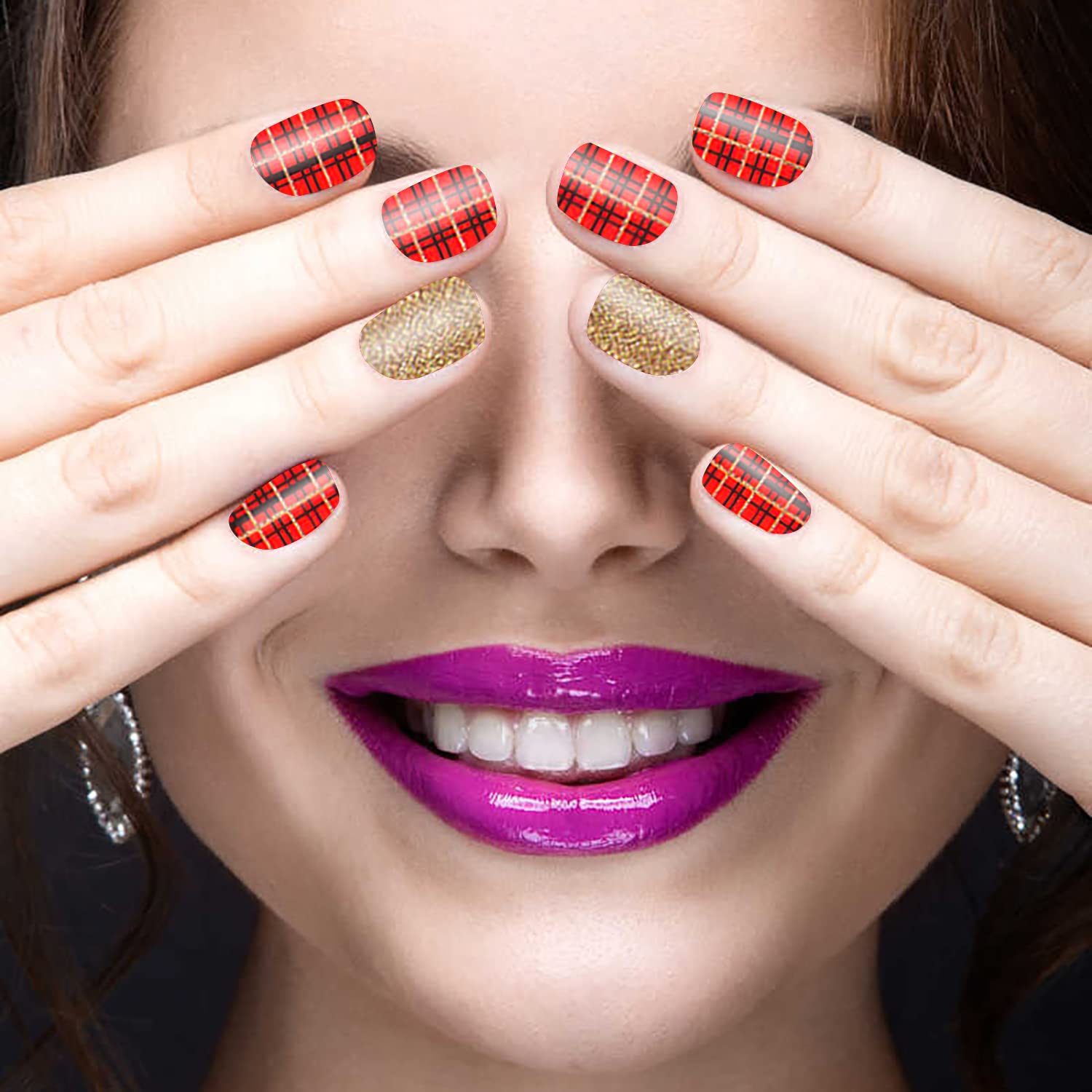16 Sheets Red Plaid Nail Polish Strips for Women - Self-Adhesive Nail Wraps, Gel Nail Stickers with Nail File - Perfect for DIY Manicures at Home, Parties & Special Occasions