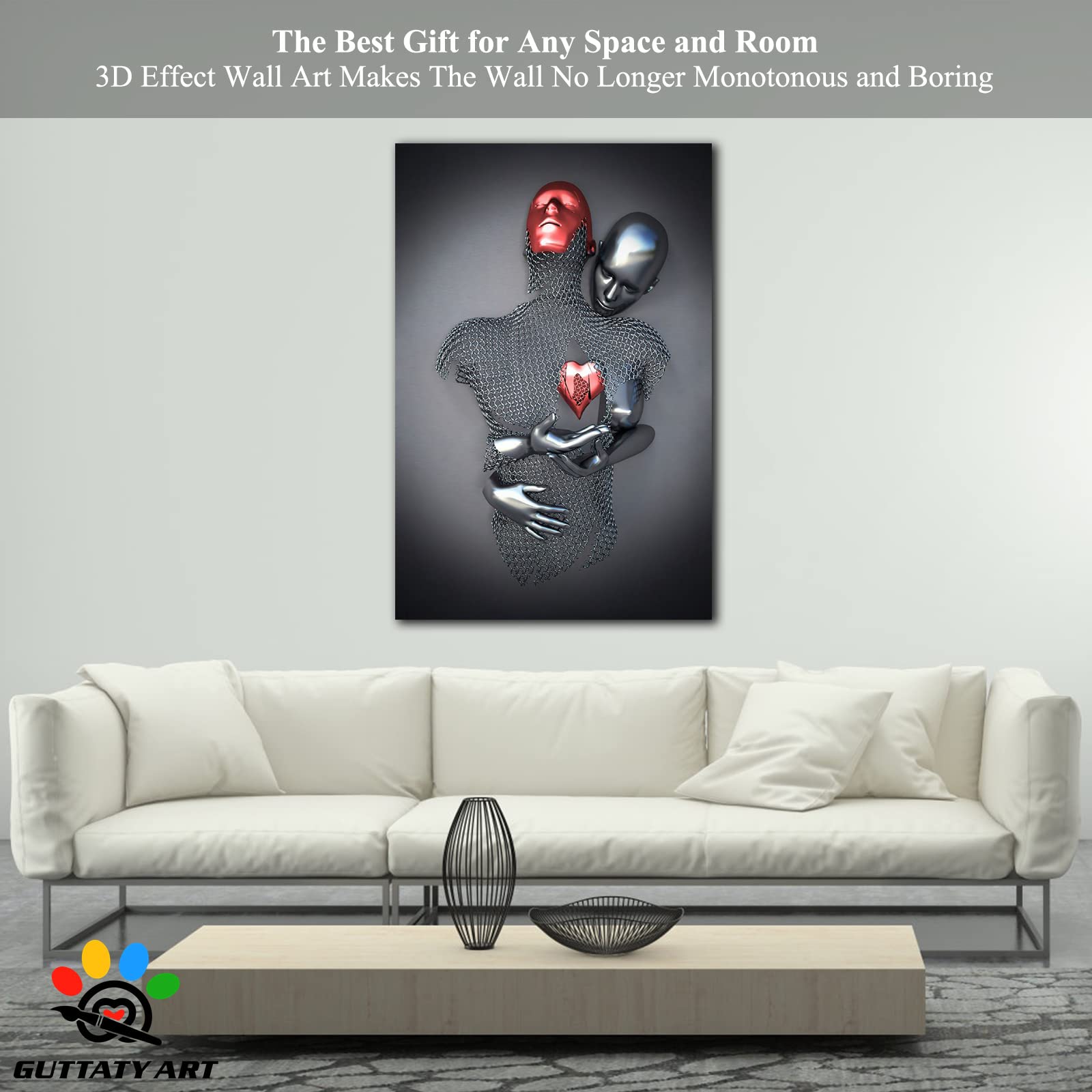 3D Metal Effect Love Heart Gray Canvas Wall Art - 28x40 Inches Modern Home Decor for Couples Bedroom, Living Room & Valentine's Day Gifts - Perfect for Romantic Spaces & Housewarming