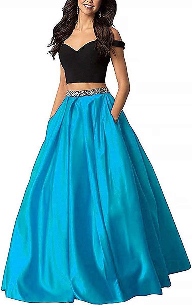 2 Piece Prom Dresses with Beaded Belt | Off Shoulder Satin Formal Evening Gown for Women & Juniors | Perfect for Homecoming, Wedding, and Special Occasions