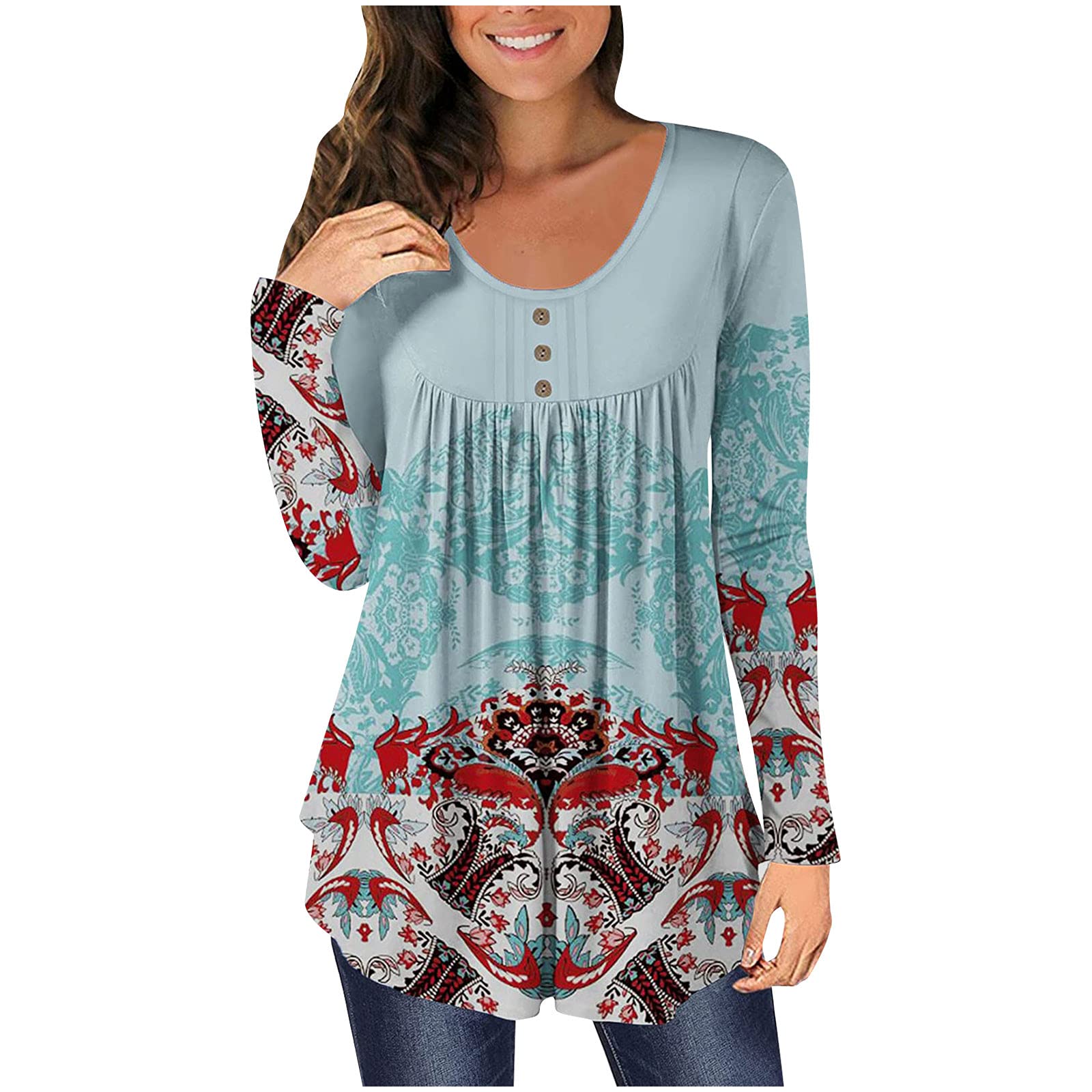 Women's Flowy Butterfly Floral Tunic Top - Long Sleeve Half Button Down Blouse with Boatneck for Fall | Elegant Dressy Shirt for Work, Date Night & Casual Outfits