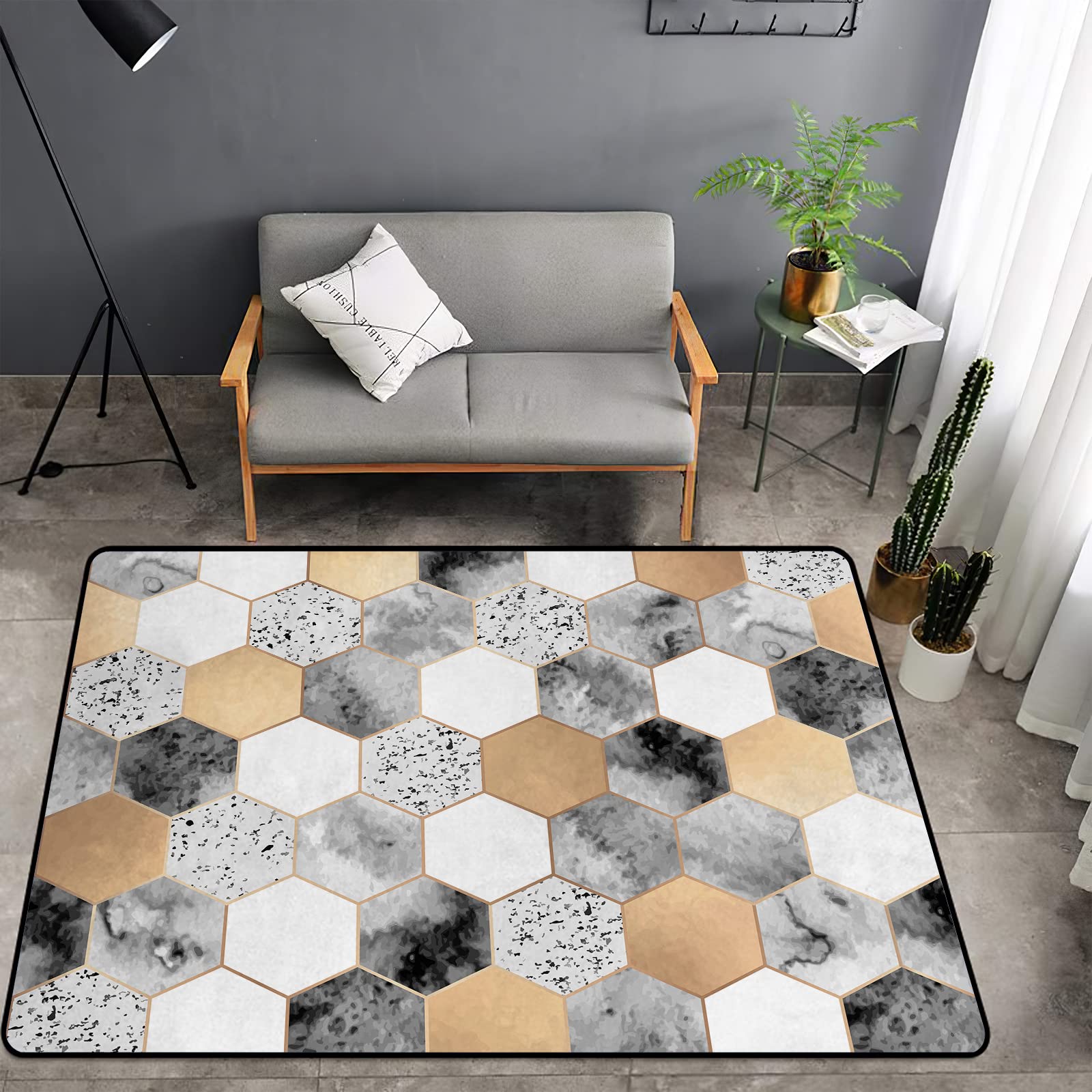 Washable Non-Slip Sponge Rug Mat - Soft Thick Geometric Polygonal Carpet for Kids Bedroom, Living Room, Bathroom & Dorm | Abstract Marble Design in Gray & Gold | Perfect for Indoor Floor Decor, Play Areas & Cozy Home Spaces