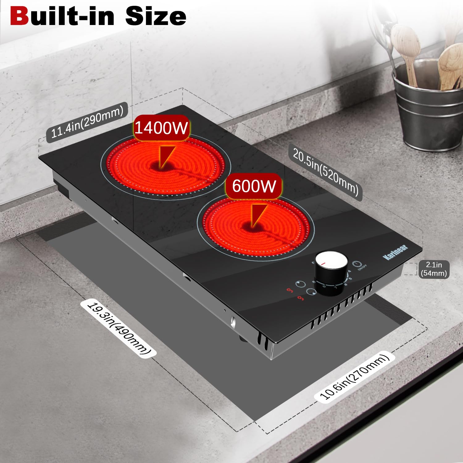 Karinear 2 Burner Electric Cooktop 110V - 12 Inch Portable Induction Stove with Knob Control & Outlet Plug - Countertop or Drop-in Radiant Cooktop with 9 Power Levels - Perfect for Small Kitchens, RVs, Dorms & Home Cooking
