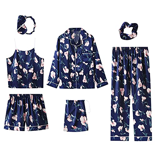 Women's Blue Tulip Silk Pajama Set - 7pc Sleepwear for Comfort & Style
