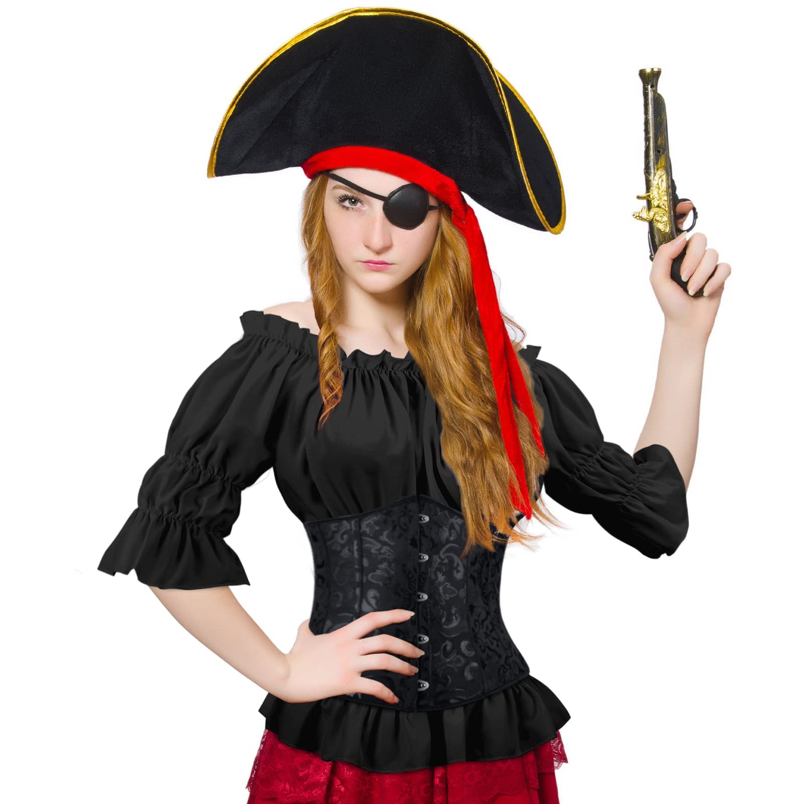 Women's Pirate Shirt Renaissance Blouse - Medieval Off Shoulder Short Sleeve Top with Corset Bustier for Halloween Costume | Perfect for Pirate Themed Parties, Renaissance Fairs & Cosplay Events