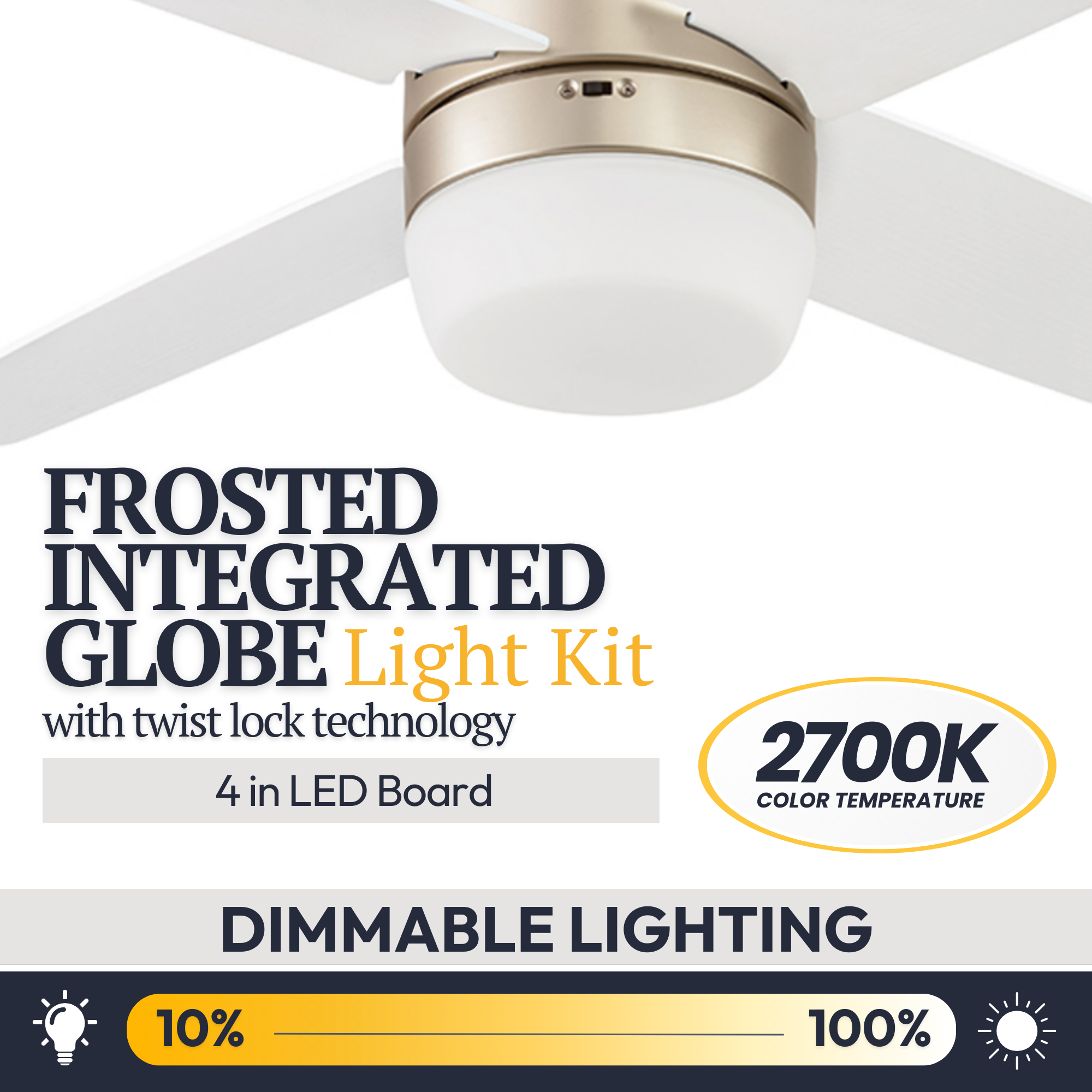 44 Inch Atlas Soft Gold Ceiling Fan with Remote Control - Modern Lighting for Bedroom, Living Room & Office