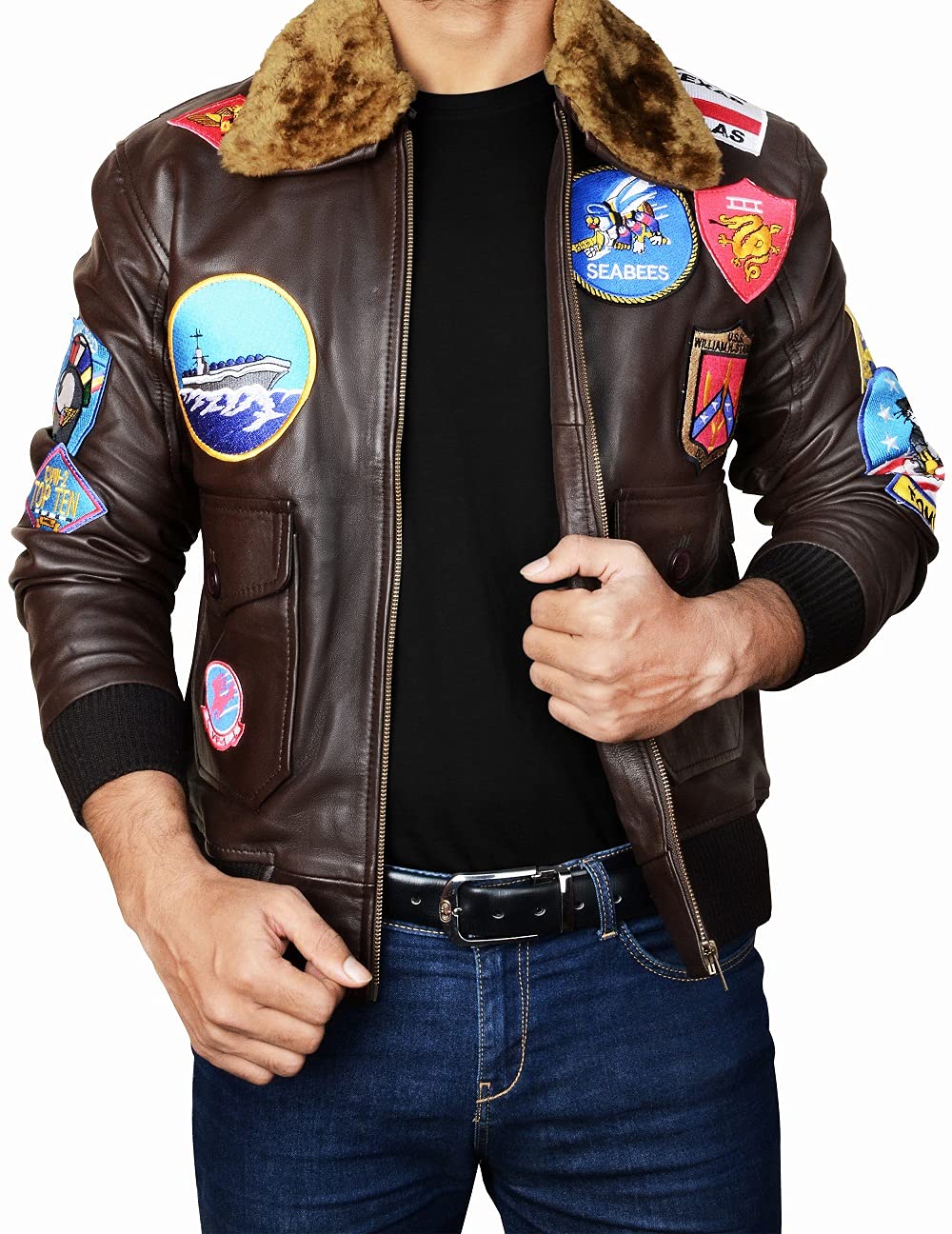 Men's Aviator USAAF Pilot G1 Bomber Leather Jacket with Fur Collar - Inspired by Top Gun & Tom Cruise - Vintage Brown Flight Jacket for Aviation Enthusiasts & Fashion Style