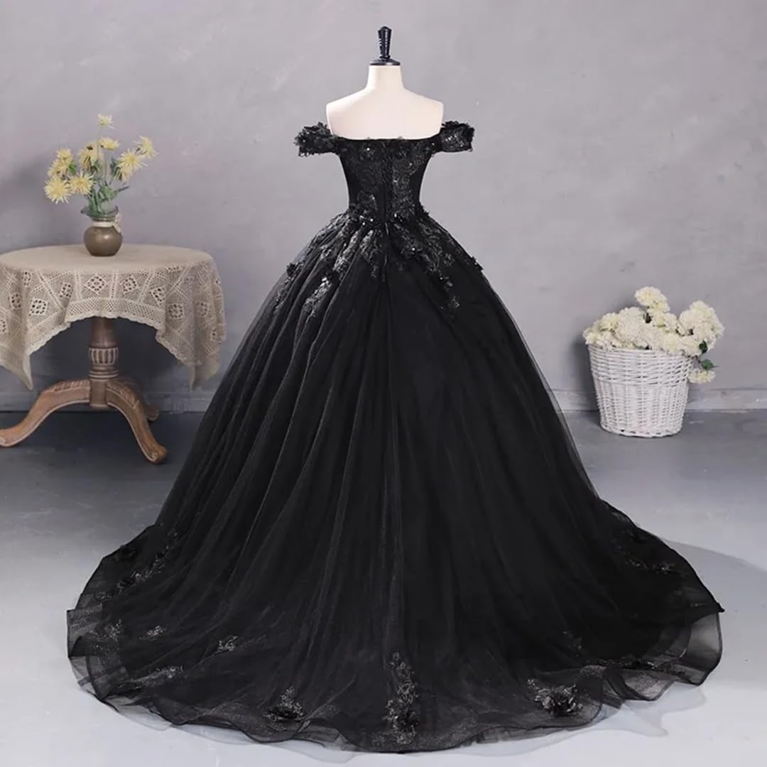 Elegant Gothic Lace Black Wedding Dress | Off-Shoulder Bridal Gown with Long Train & Tulle Skirt | Perfect for Gothic, Victorian, or Alternative Weddings