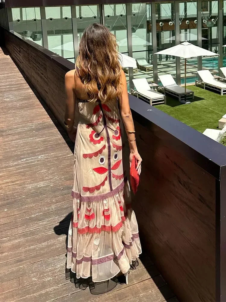 Elegant Floral Print Mesh Ruffles Long Dress for Women - Chic Spaghetti Strap Sleeveless Backless Summer Dress for Holiday Party, Beach Wedding & Special Occasions