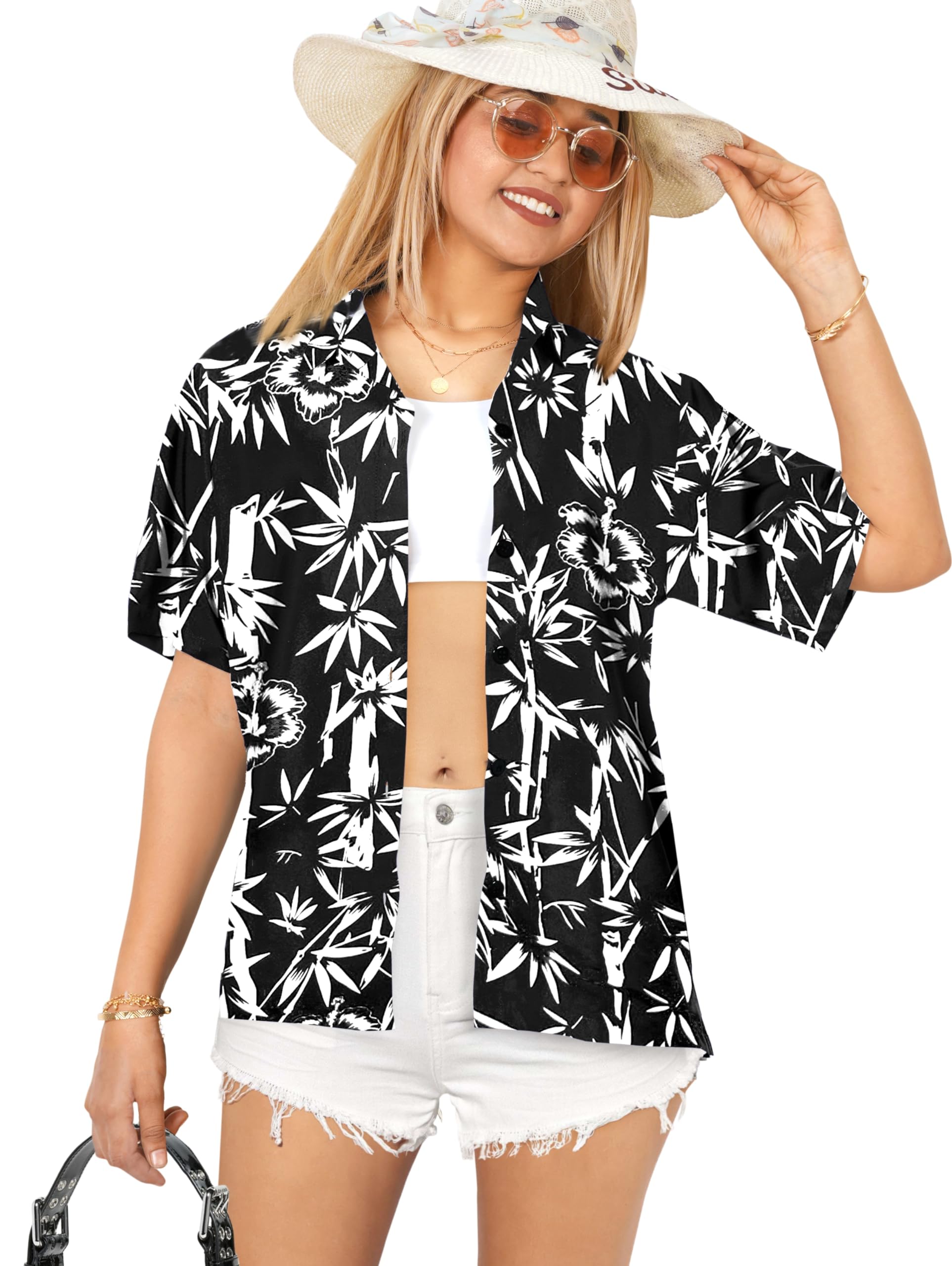 LA LEELA Women's Hawaiian Short Sleeve Beach Blouse - Floral Print Vacation Shirt for Summer, Pool Party & Tropical Getaways