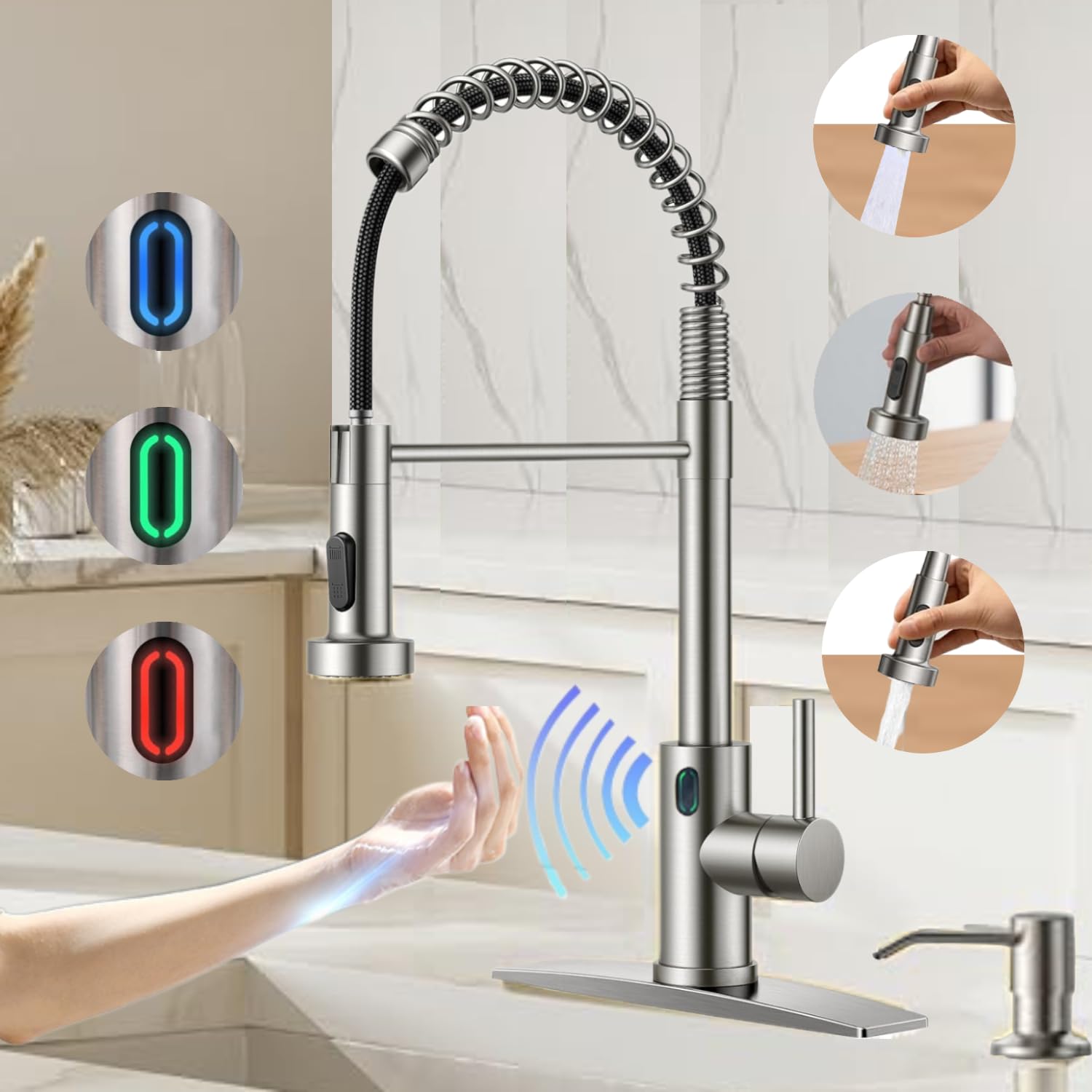 Smart Motion Sensor Touchless Kitchen Faucet with 3-Mode Pull Down Sprayer - Brushed Nickel, Ceramic Valve, 1 or 3 Hole Installation (17.79