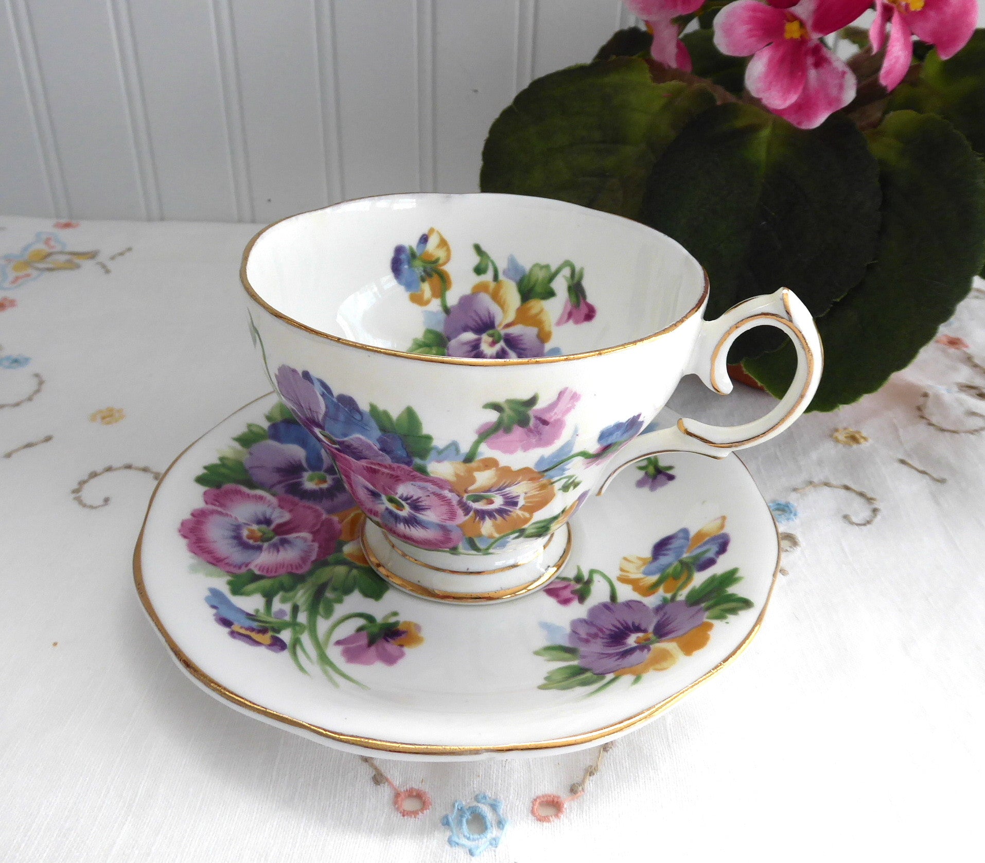 Vintage Queen Anne English Tea Cup and Saucer Set - Pink, Blue & Lavender Floral Design (1950s Antique Fine China) - Perfect for Afternoon Tea, Bridal Showers & Vintage Home Decor