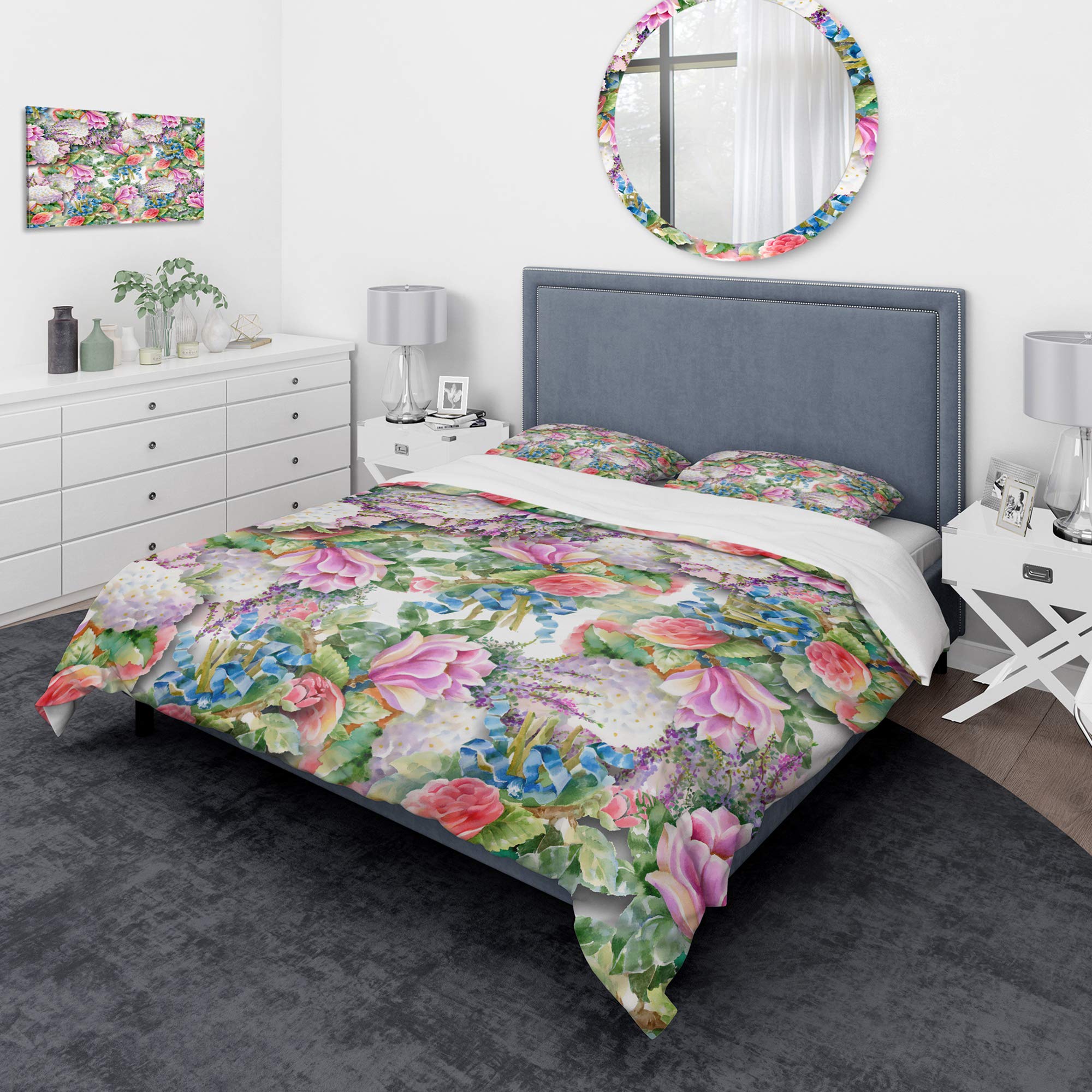 Pink Floral Duvet Cover Set King - Nautical Coastal Bedding for All Seasons