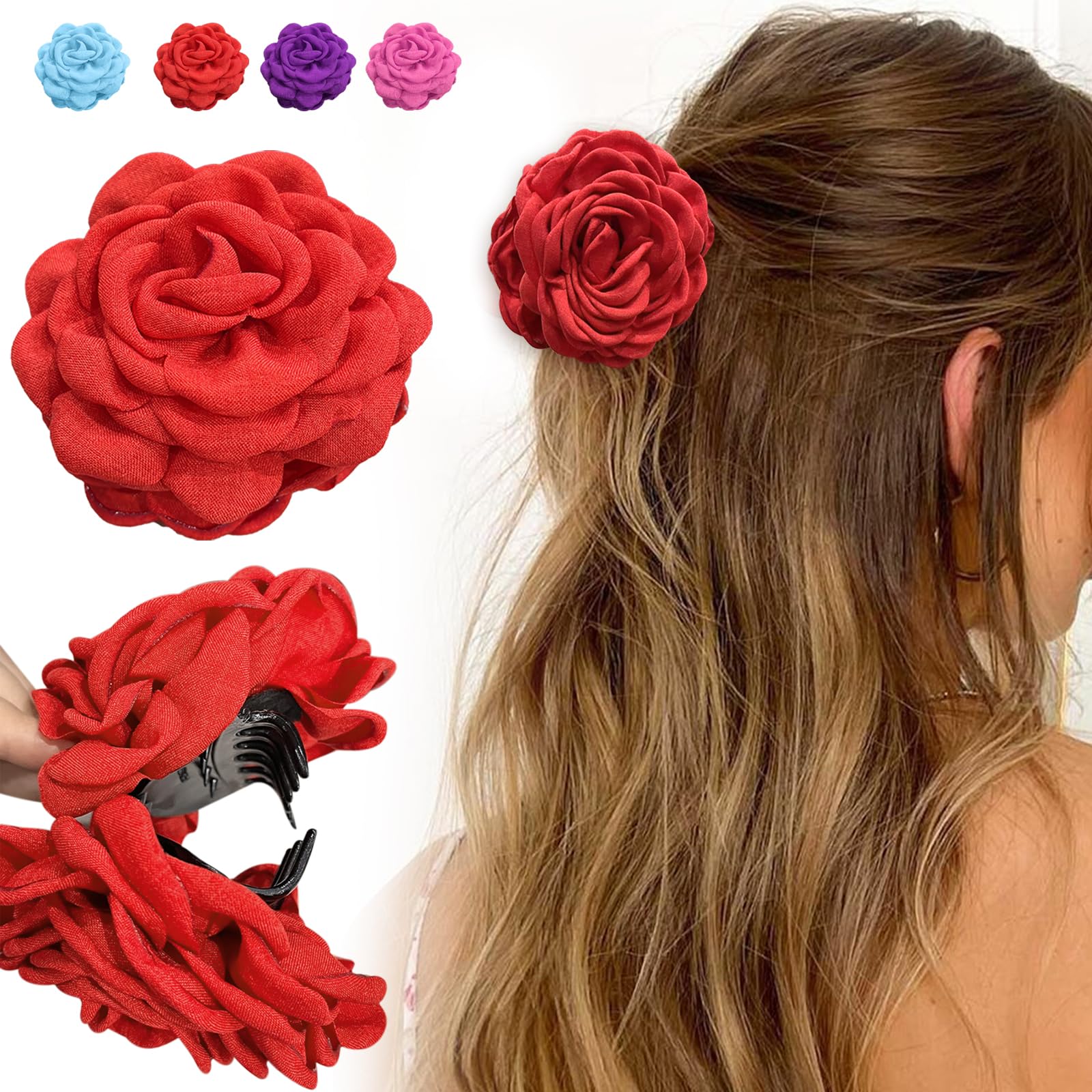 Rose Flower Hair Clips for Women & Girls - Colorful Artificial Floral Hair Accessories (Red, 9cm) - Perfect for Weddings, Parties & Everyday Styling
